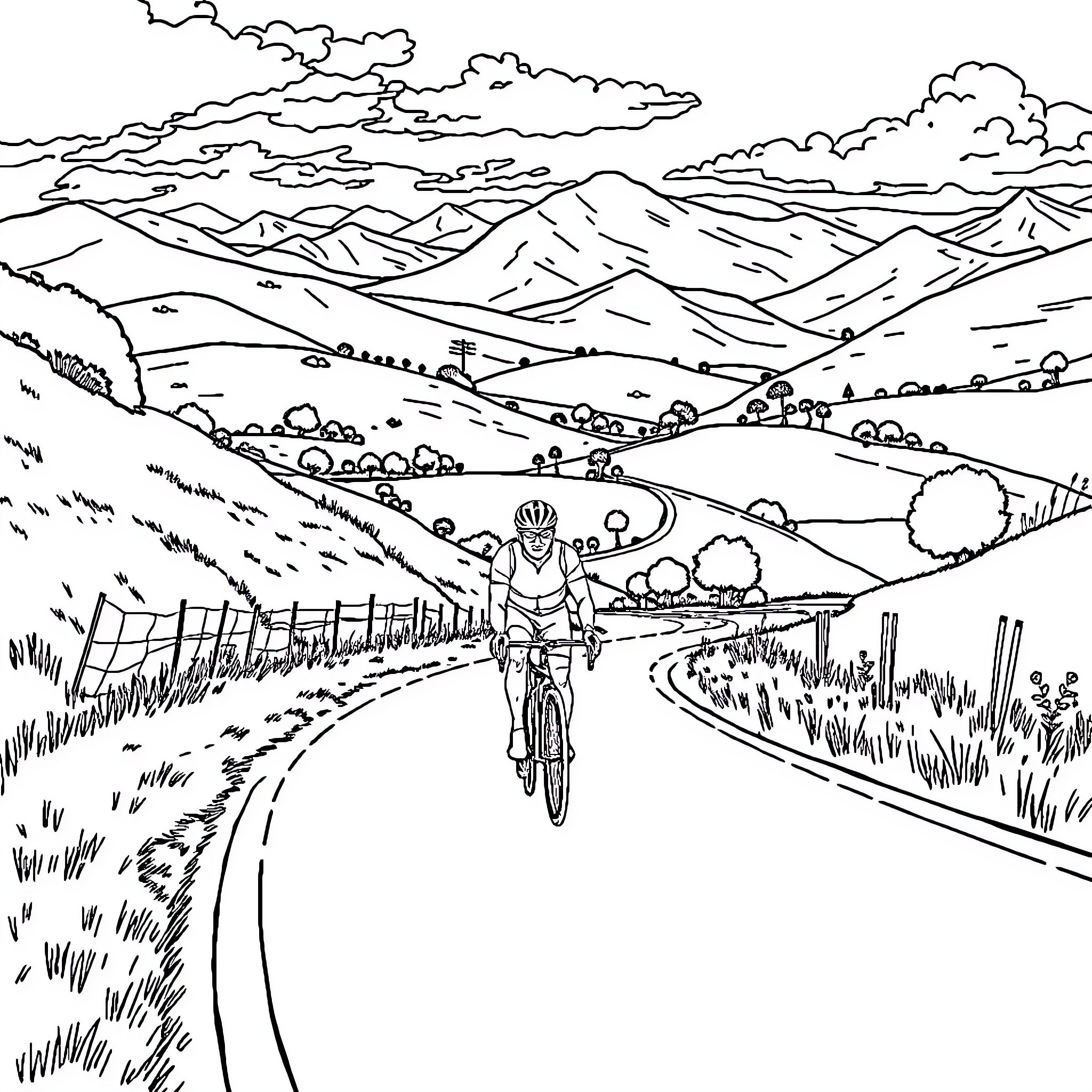 Randonneur cycling through picturesque countryside Coloring Page (free black-and-white line drawing printable PDF for all, from beginners to advanced learners, including children, teens, adults, and seniors)