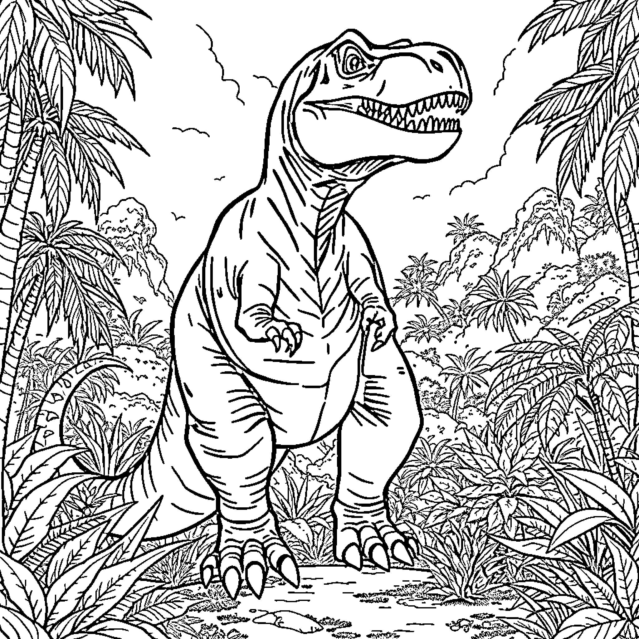 T-Rex Roaming Prehistoric Jungle Landscape Coloring Page (free black-and-white line drawing printable PDF for all, from beginners to advanced learners, including children, teens, adults, and seniors)