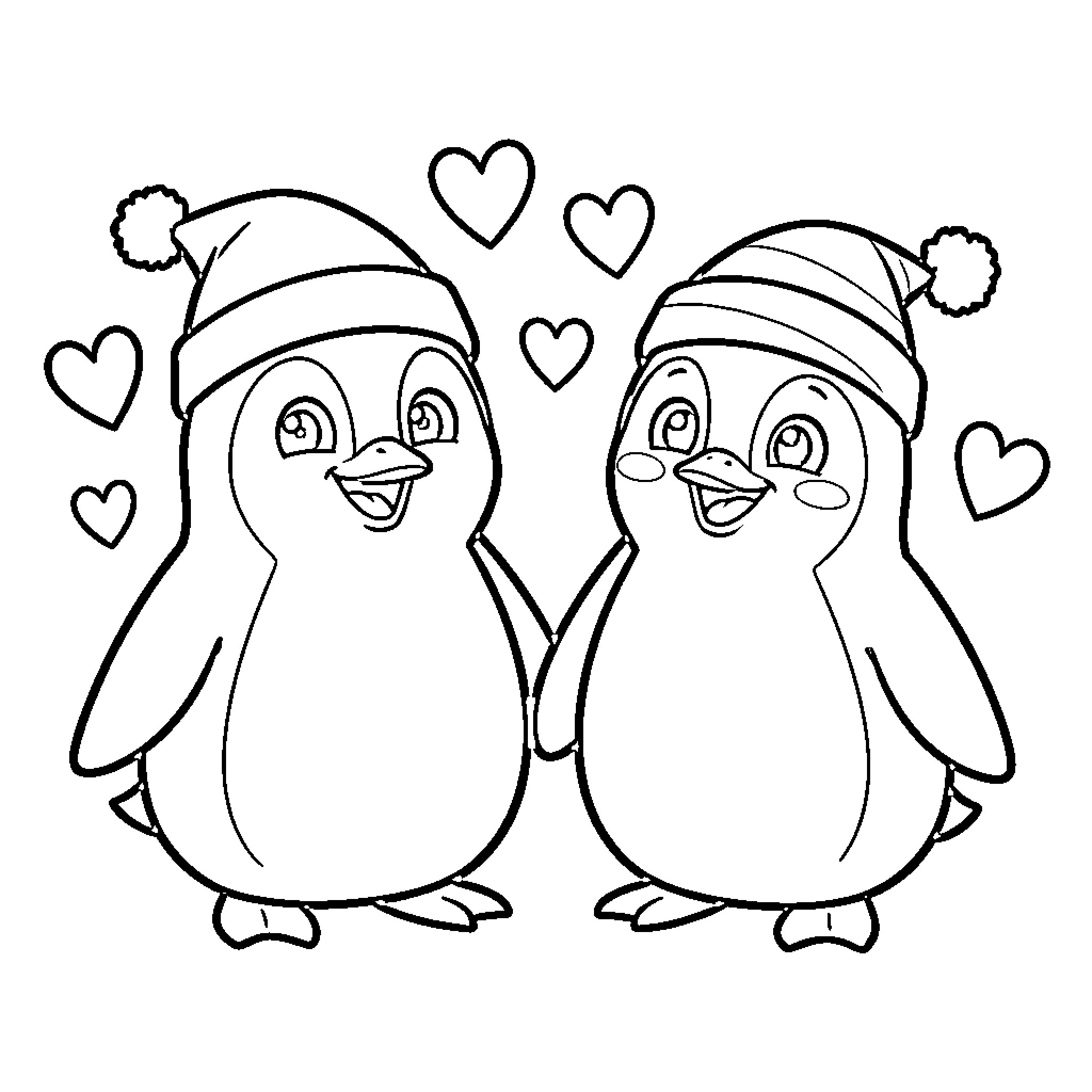 Pingüino penguins in cute hats and hearts Coloring Page (free black-and-white line drawing printable PDF for all, from beginners to advanced learners, including children, teens, adults, and seniors)