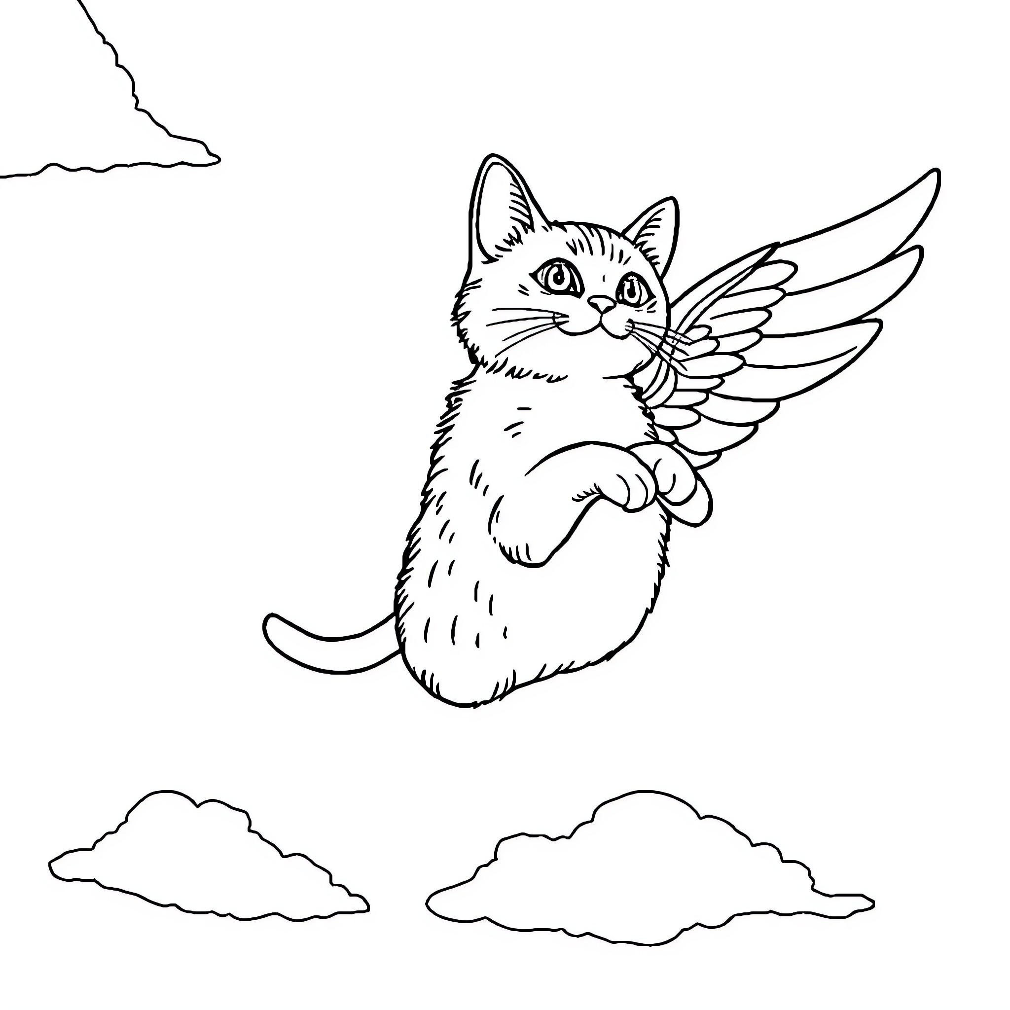 Fly Cat soaring with wings in the sky Coloring Page (free black-and-white line drawing printable PDF for all, from beginners to advanced learners, including children, teens, adults, and seniors)