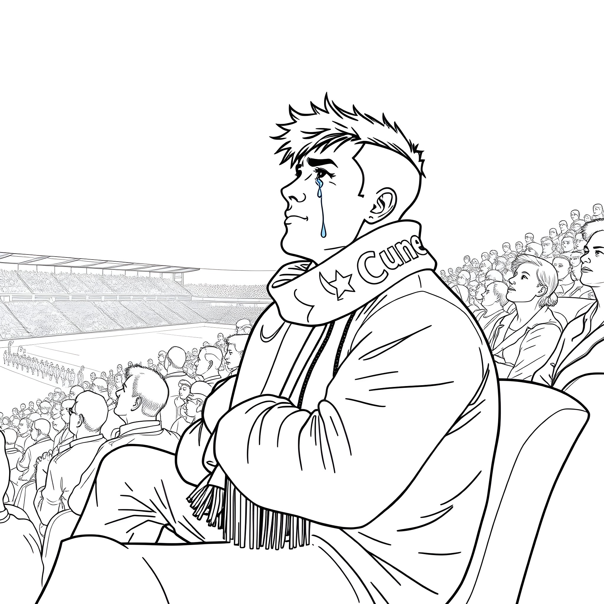 Fan Cheering Enthusiastically at a Sports Event Coloring Page (free black-and-white line drawing printable PDF for all, from beginners to advanced learners, including children, teens, adults, and seniors)