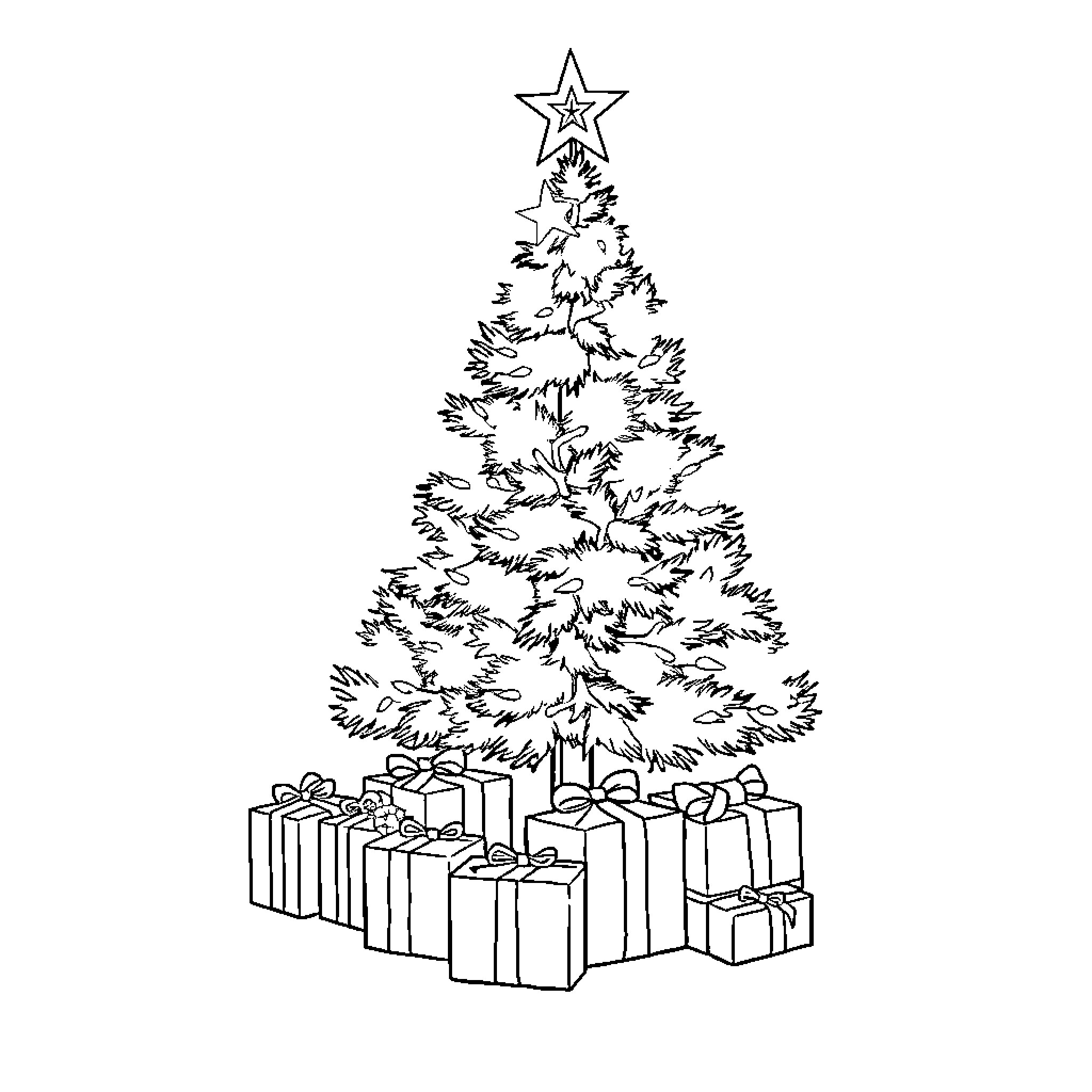 Christmas tree with gifts and star topper Coloring Page (free black-and-white line drawing printable PDF for all, from beginners to advanced learners, including children, teens, adults, and seniors)