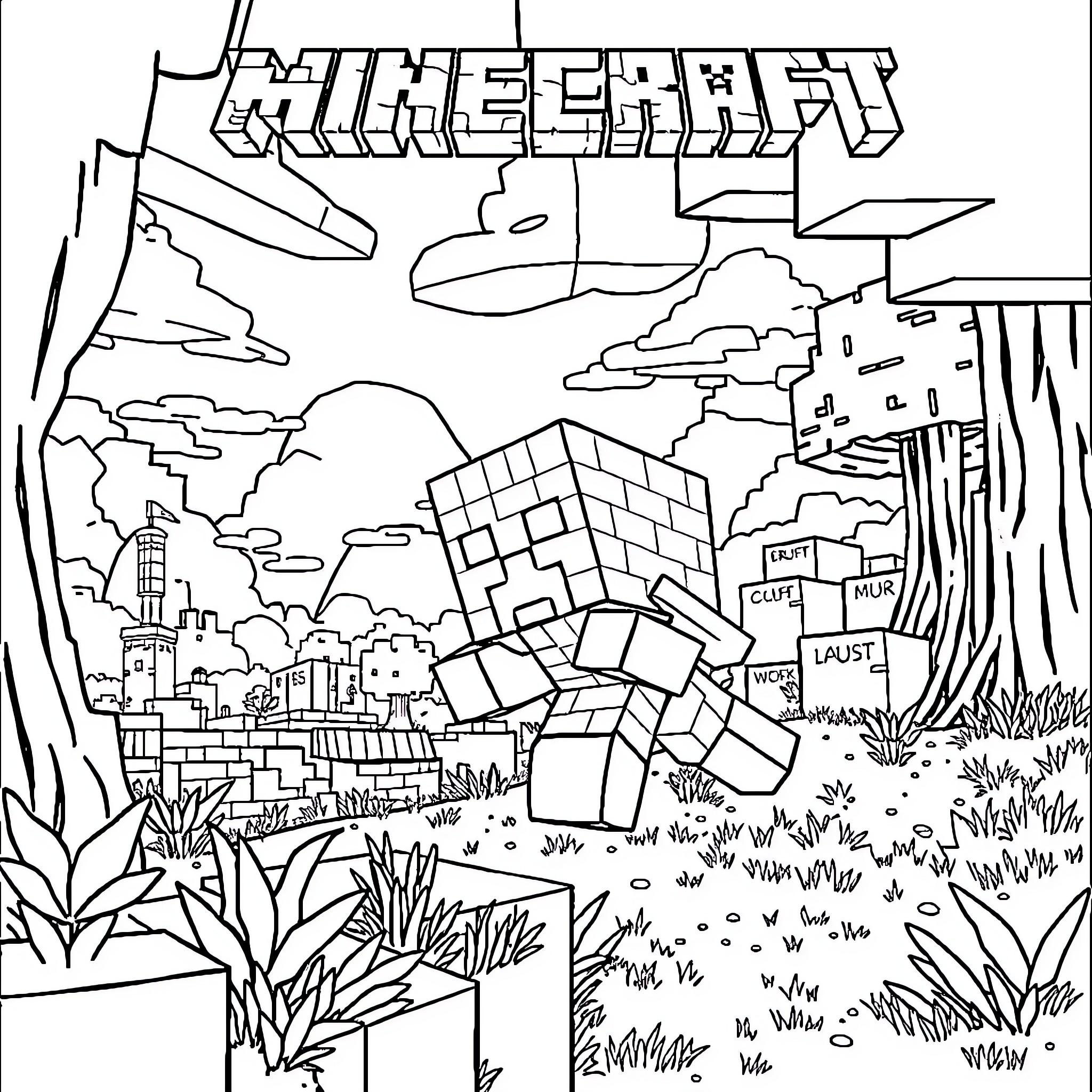 Creeper exploring the Minecraft landscape Coloring Page (free black-and-white line drawing printable PDF for all, from beginners to advanced learners, including children, teens, adults, and seniors)