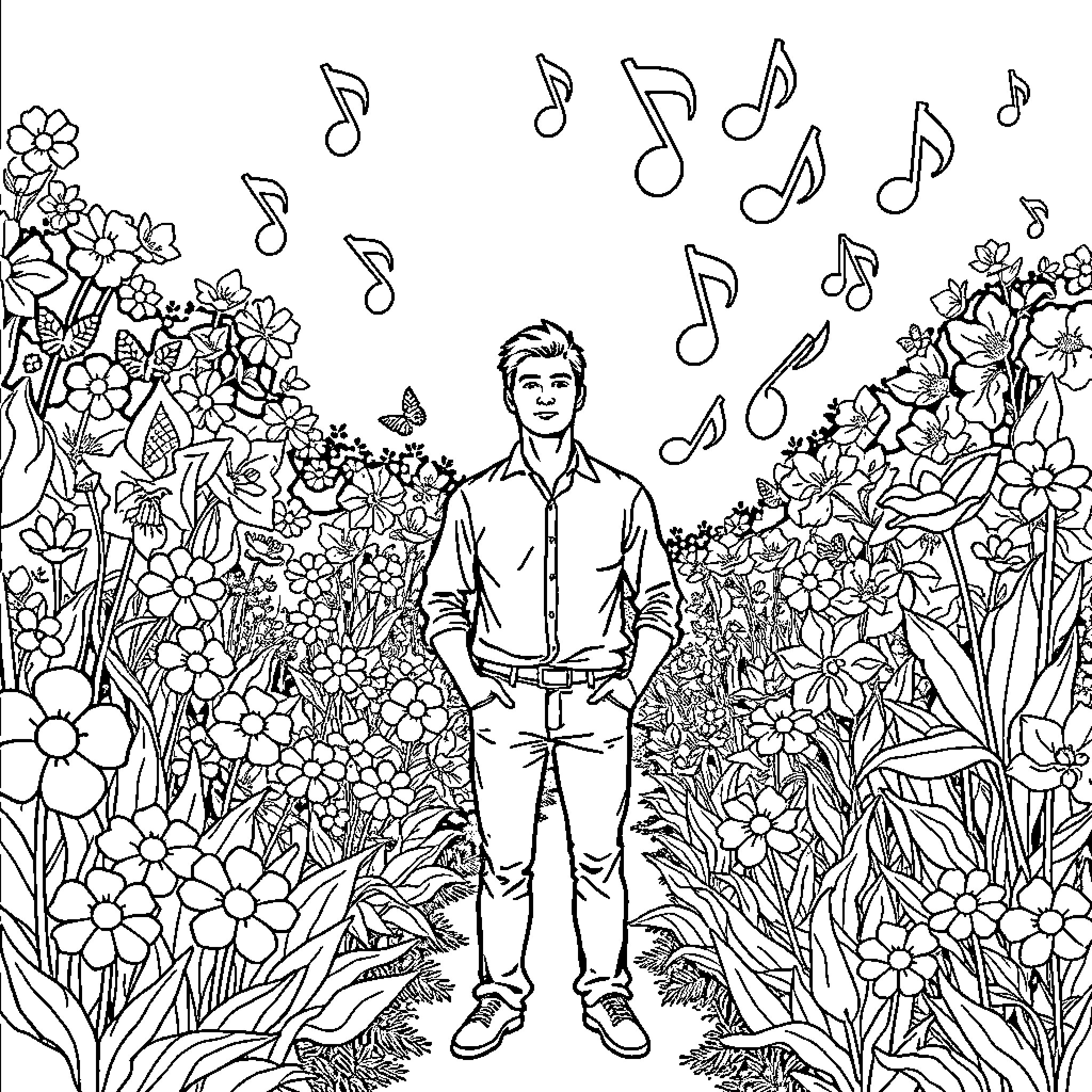 Man enjoying the musical nature around him Coloring Page (free black-and-white line drawing printable PDF for all, from beginners to advanced learners, including children, teens, adults, and seniors)