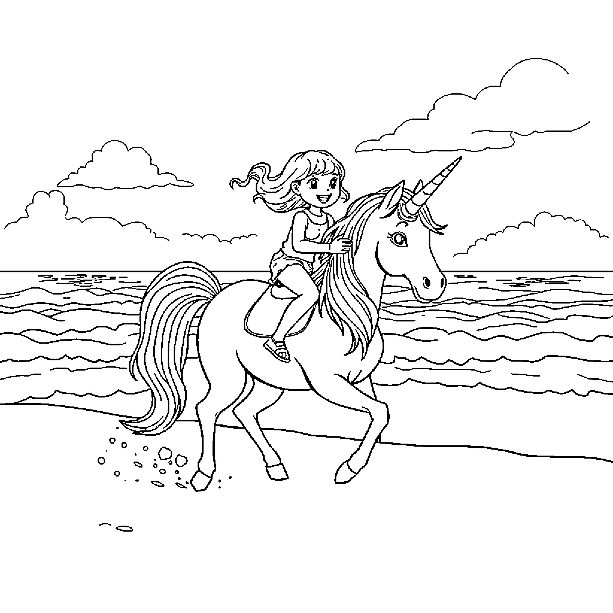 Girl riding a unicorn on the beach Coloring Page (free black-and-white line drawing printable PDF for all, from beginners to advanced learners, including children, teens, adults, and seniors)