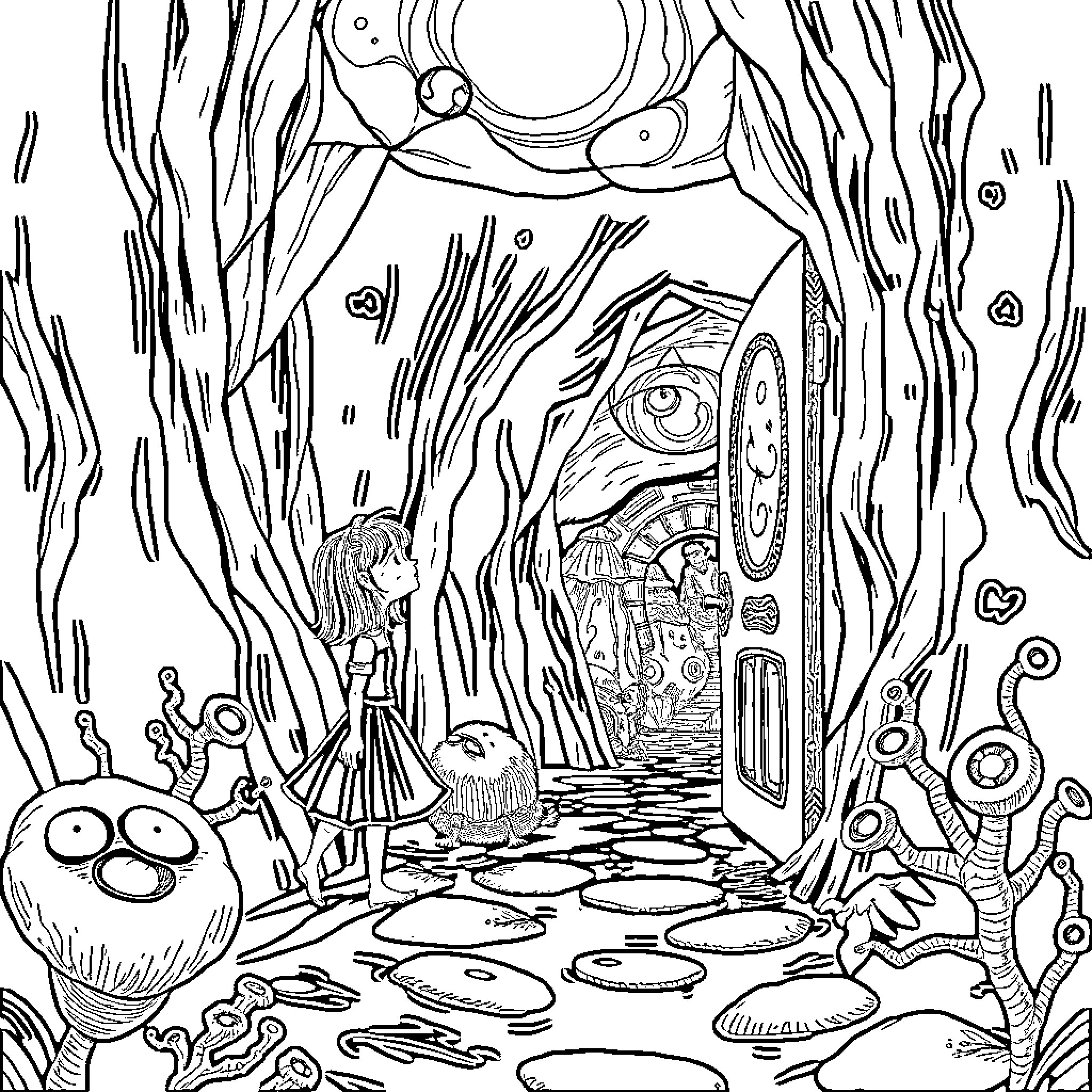 Coraline's Fantastical Adventure Through the Enchanted Door Coloring Page (free black-and-white line drawing printable PDF for all, from beginners to advanced learners, including children, teens, adults, and seniors)