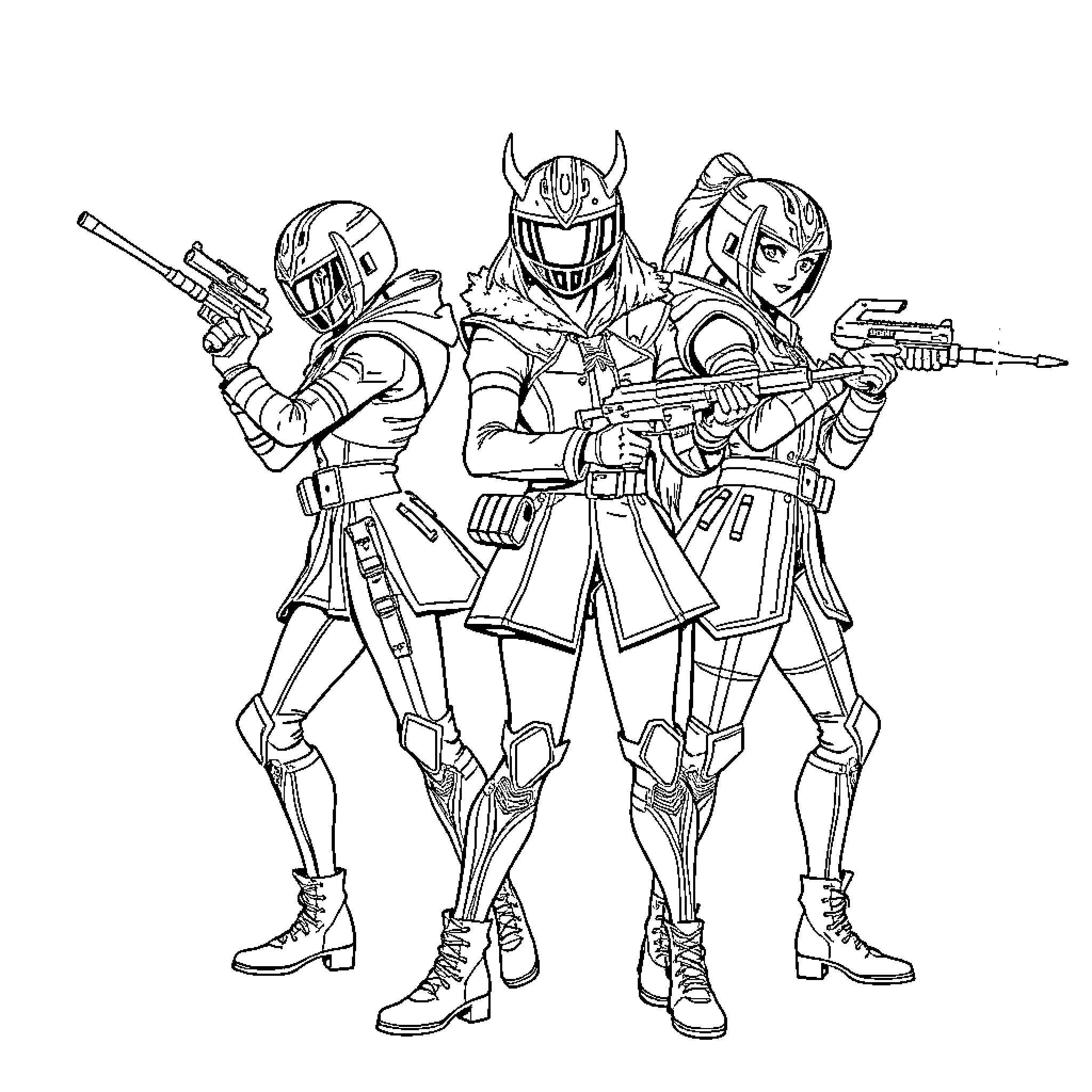 Kpop Warriors in Futuristic Combat Gear Coloring Page (free black-and-white line drawing printable PDF for all, from beginners to advanced learners, including children, teens, adults, and seniors)