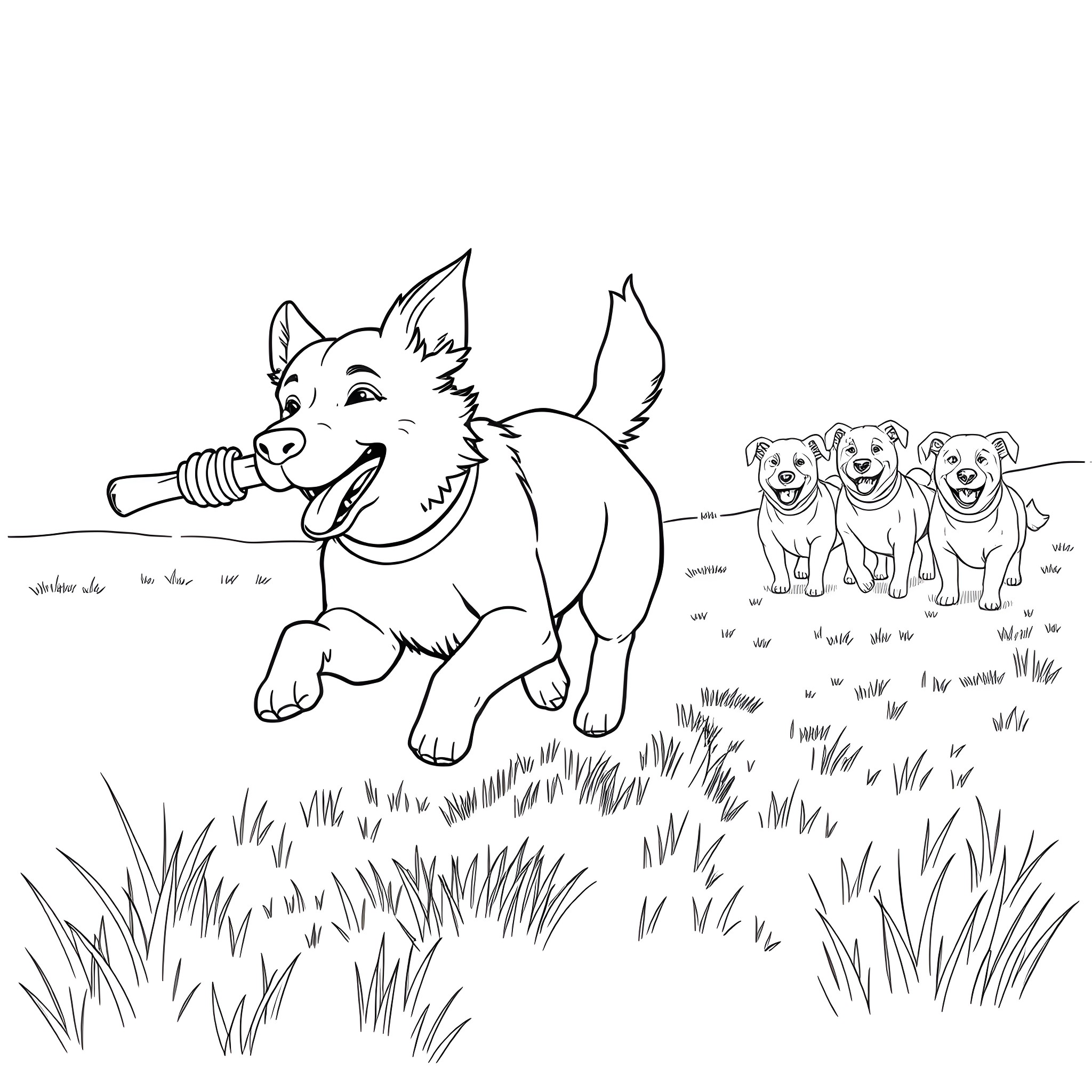 Dog Playing Fetch with Puppies in the Grass Coloring Page (free black-and-white line drawing printable PDF for all, from beginners to advanced learners, including children, teens, adults, and seniors)