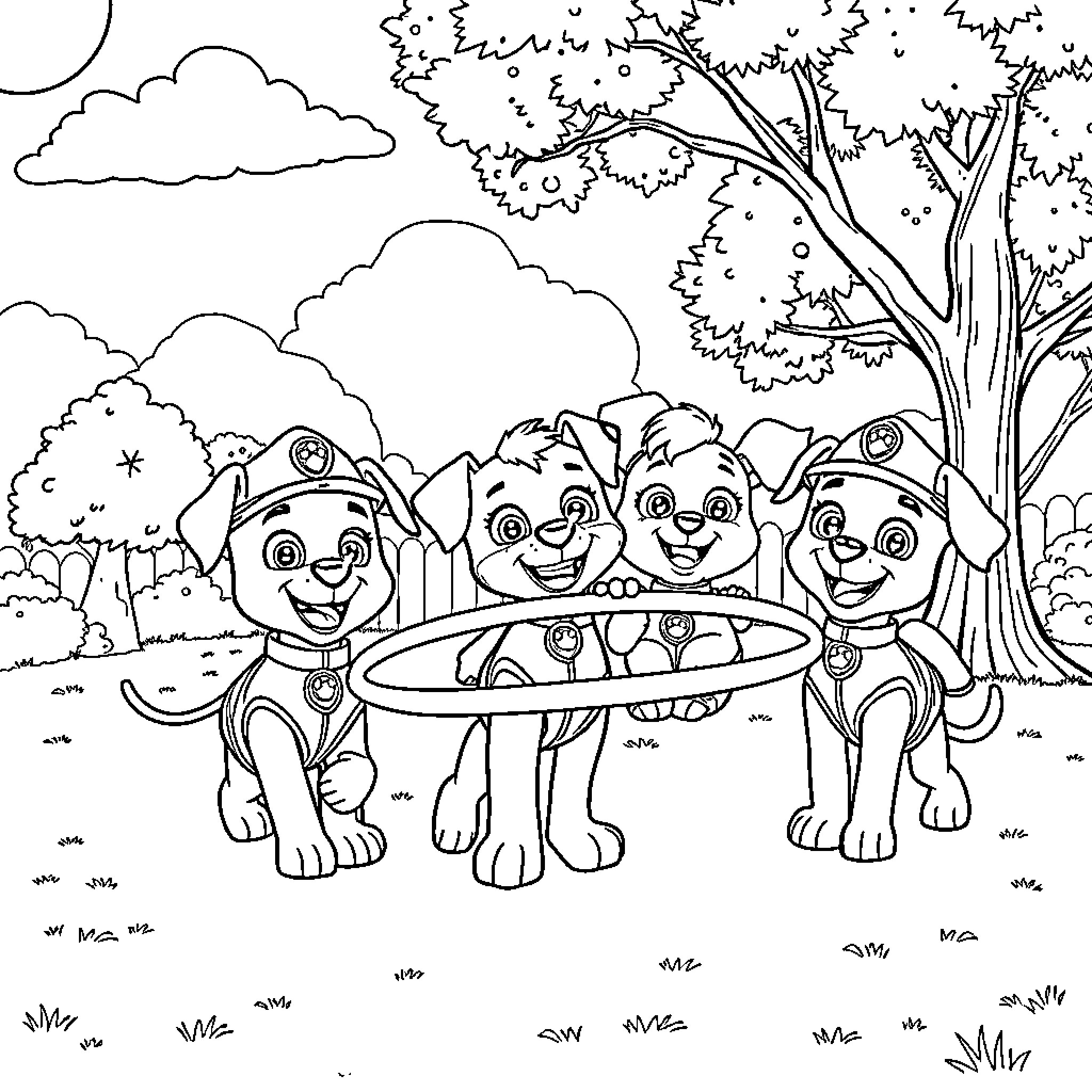 Paw Patrol pups playing together in the park Coloring Page (free black-and-white line drawing printable PDF for all, from beginners to advanced learners, including children, teens, adults, and seniors)
