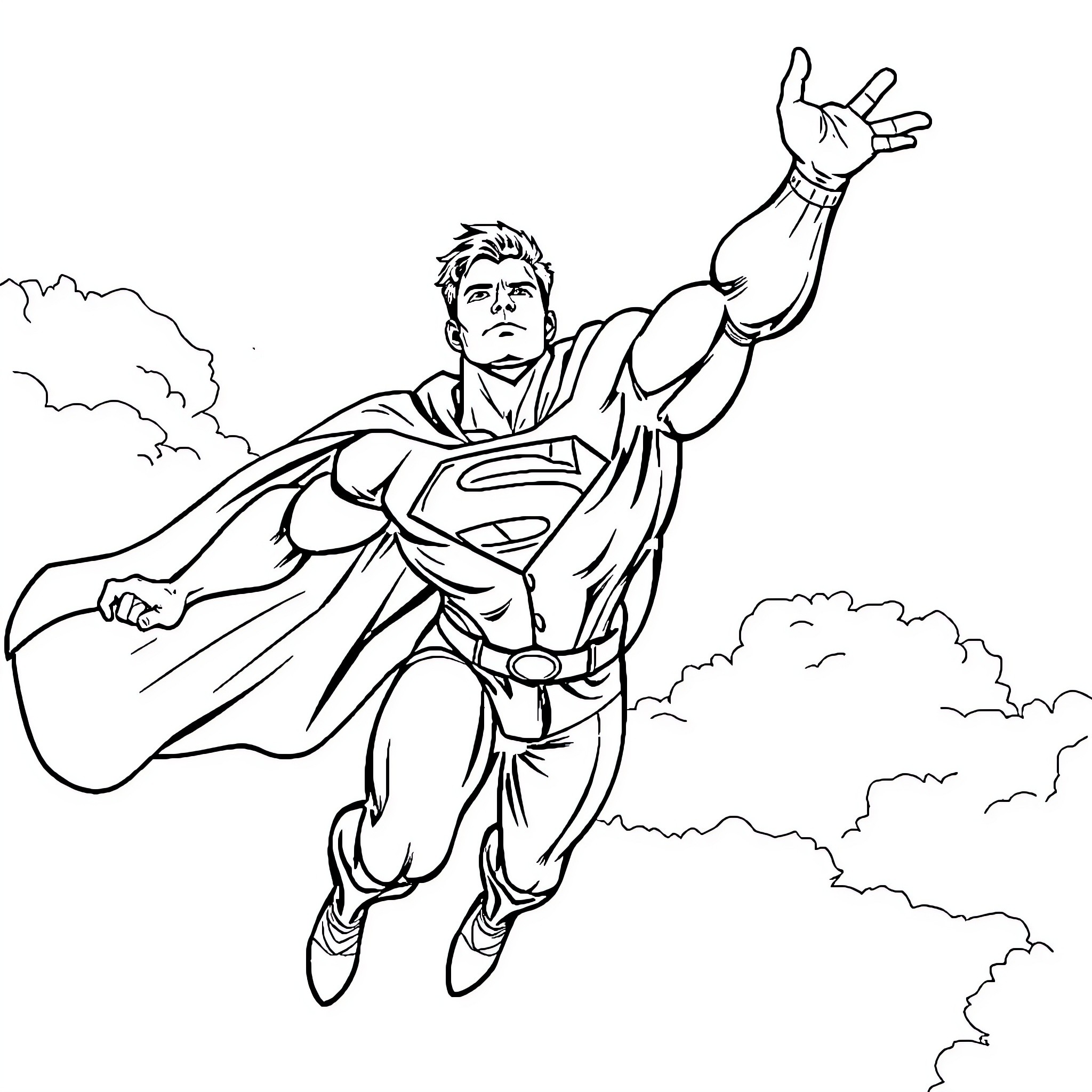 Superman soaring heroically through the clouds Coloring Page (free black-and-white line drawing printable PDF for all, from beginners to advanced learners, including children, teens, adults, and seniors)