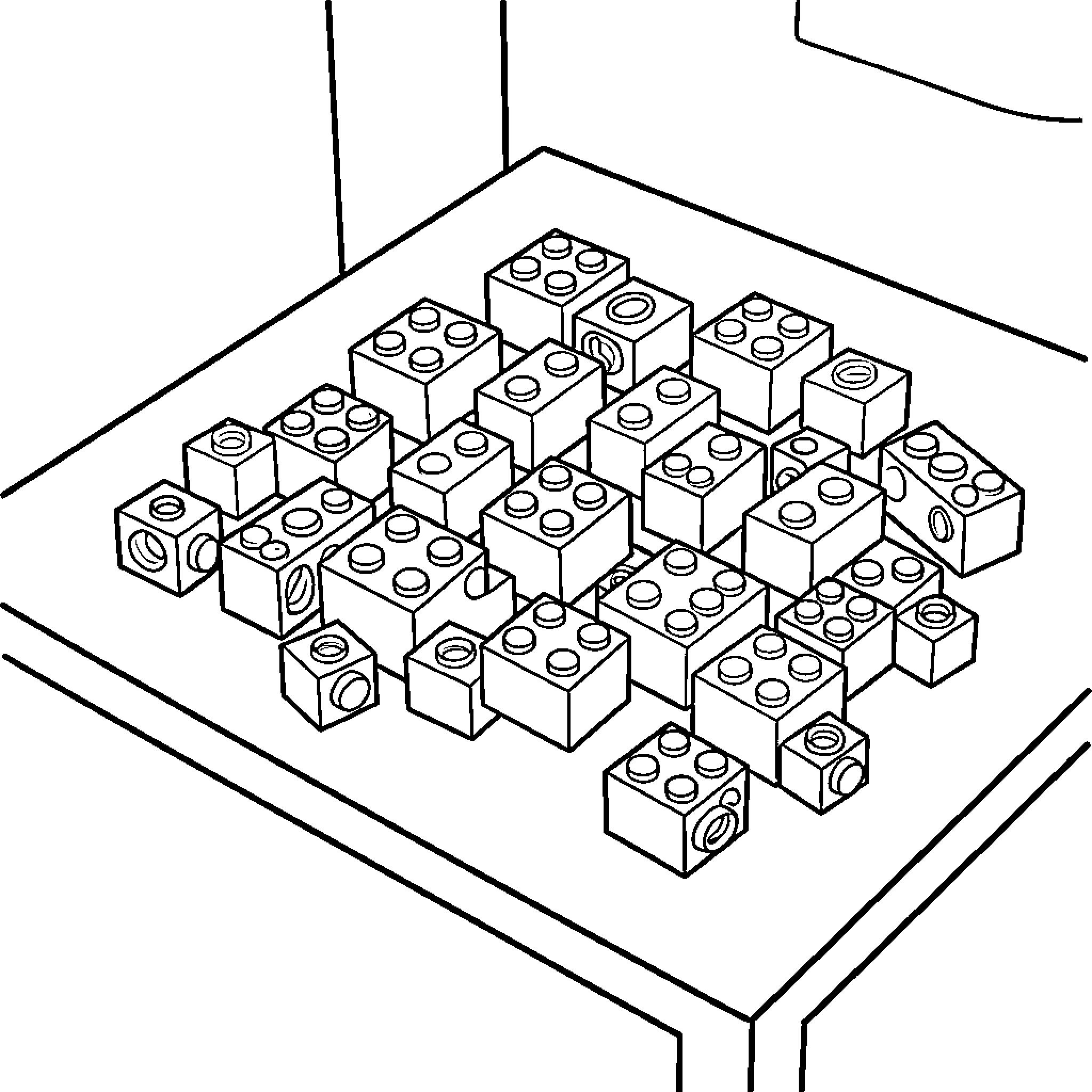 Lego bricks scattered on a flat surface Coloring Page (free black-and-white line drawing printable PDF for all, from beginners to advanced learners, including children, teens, adults, and seniors)