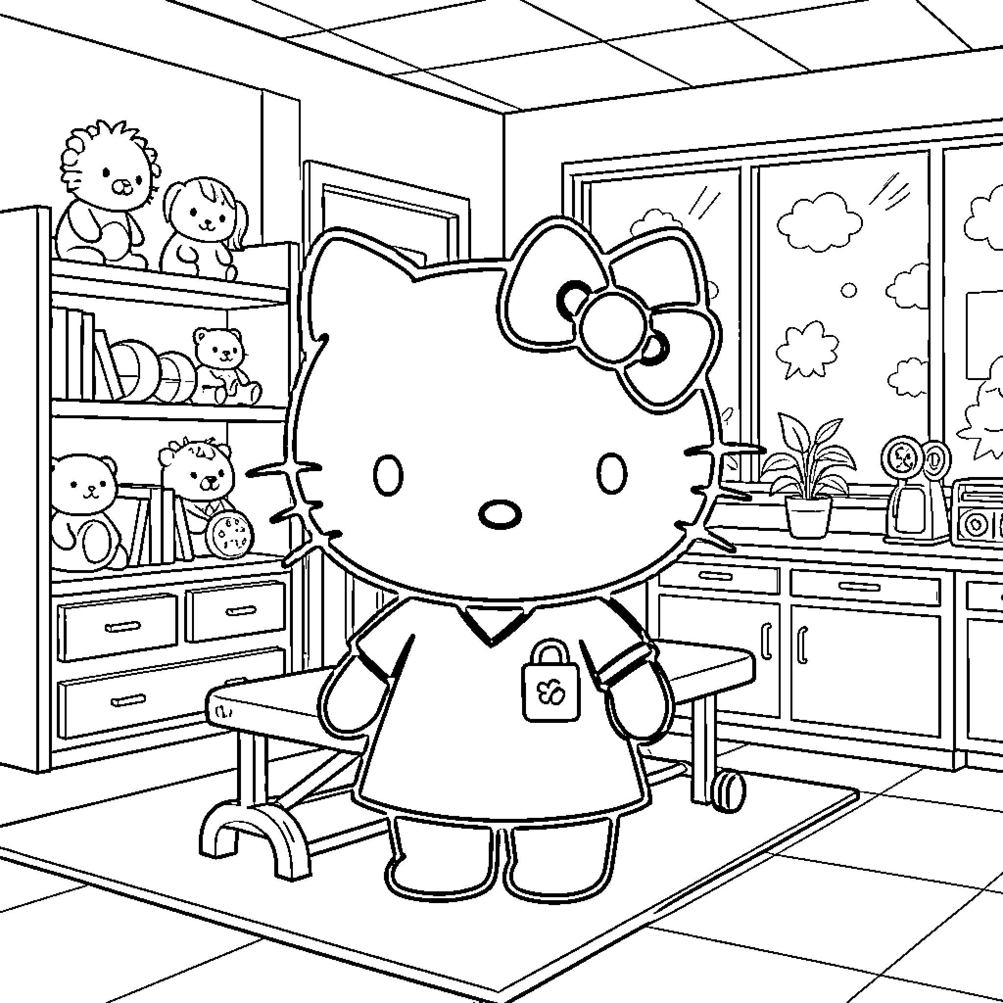 Hello Kitty's Cozy Home Coloring Page (free black-and-white line drawing printable PDF for all, from beginners to advanced learners, including children, teens, adults, and seniors)