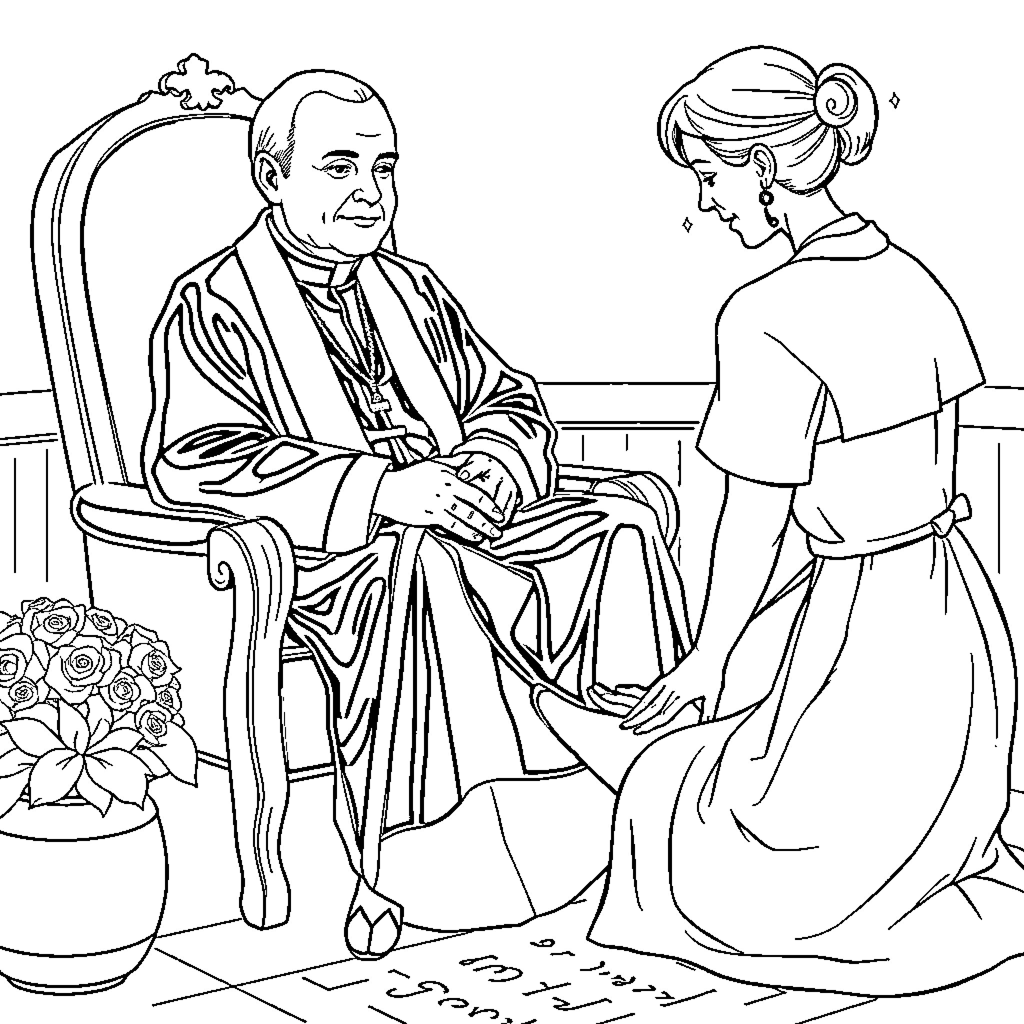 Priest meeting with a woman in a religious setting Coloring Page (free black-and-white line drawing printable PDF for all, from beginners to advanced learners, including children, teens, adults, and seniors)