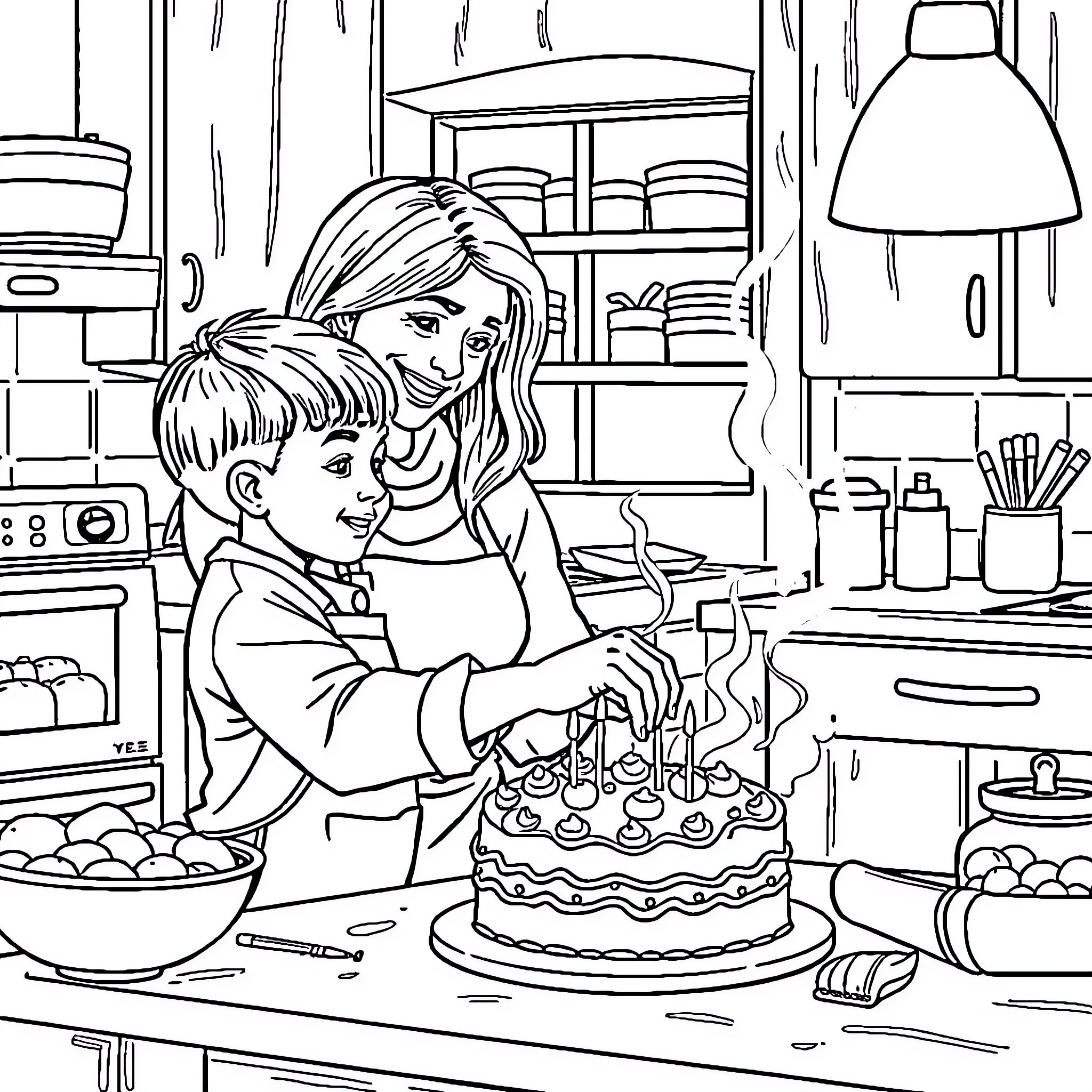 Mother and Child Baking Birthday Cake Coloring Page (free black-and-white line drawing printable PDF for all, from beginners to advanced learners, including children, teens, adults, and seniors)