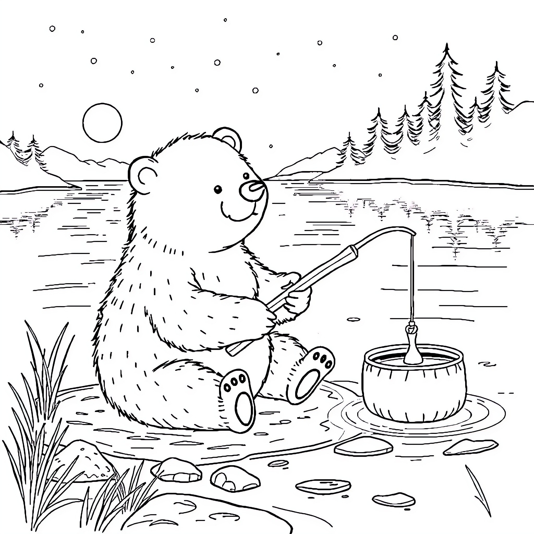 Bear fishing in serene winter landscape Coloring Page (free black-and-white line drawing printable PDF for all, from beginners to advanced learners, including children, teens, adults, and seniors)