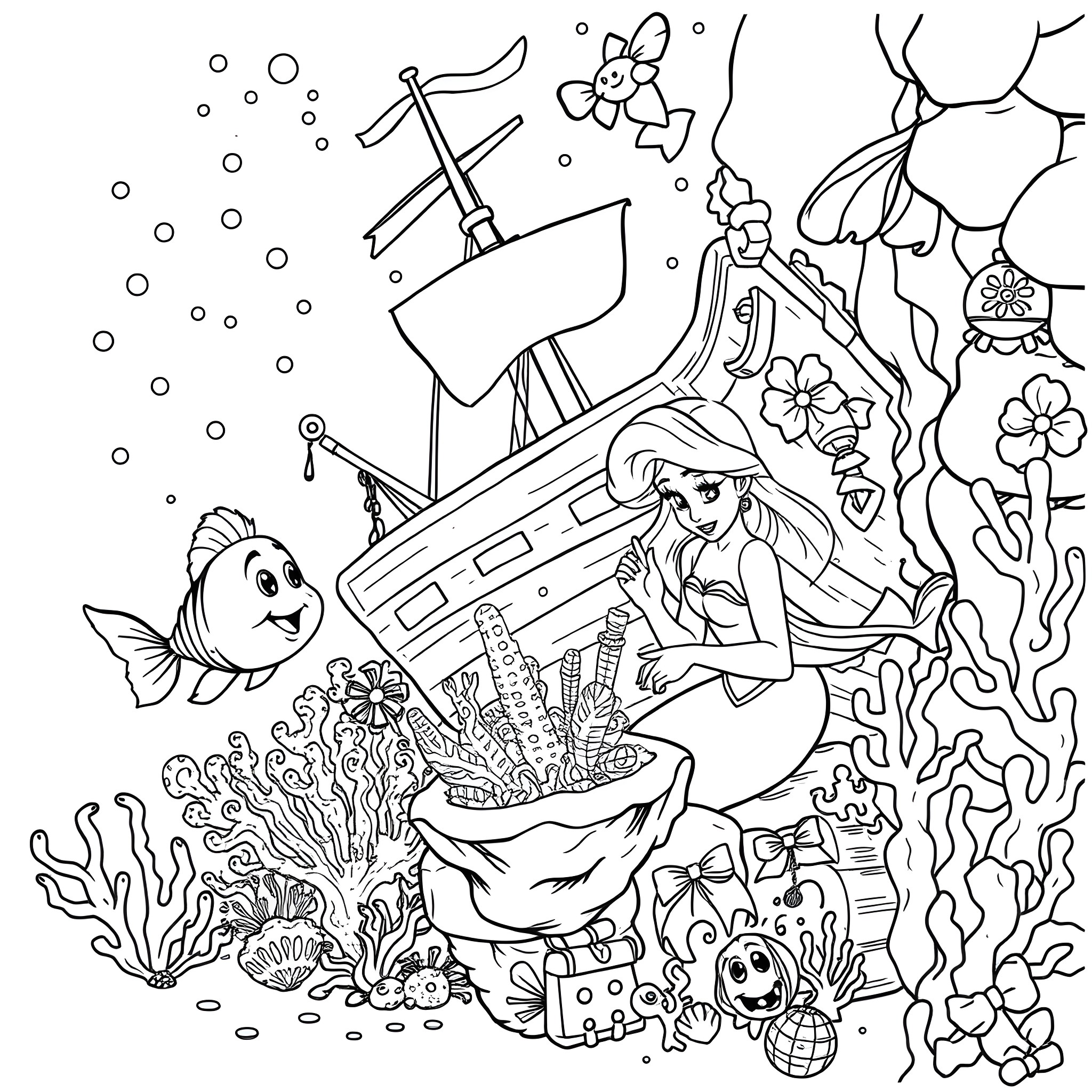 Ariel's Enchanting Underwater Adventure Coloring Page (free black-and-white line drawing printable PDF for all, from beginners to advanced learners, including children, teens, adults, and seniors)