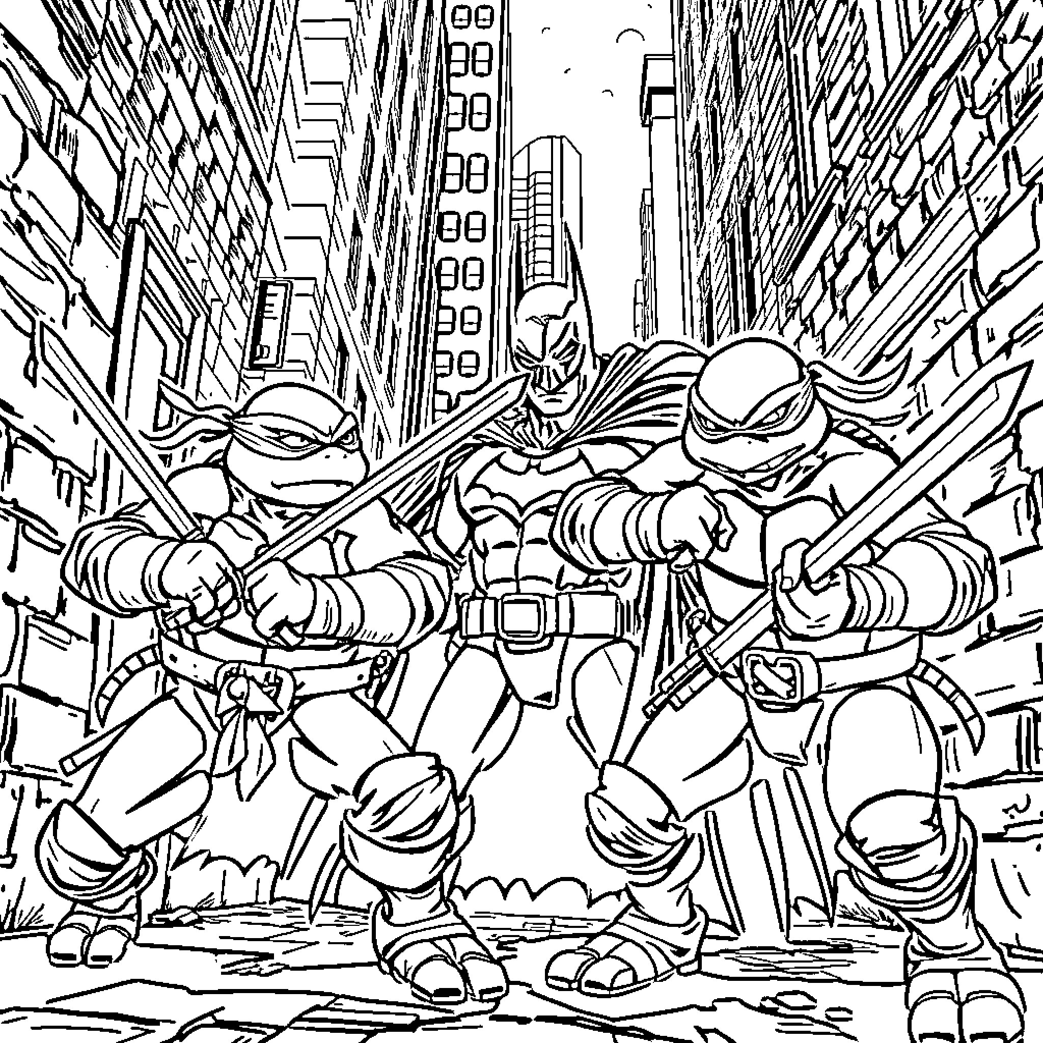 Ninja Turtles in action in the city streets Coloring Page (free black-and-white line drawing printable PDF for all, from beginners to advanced learners, including children, teens, adults, and seniors)