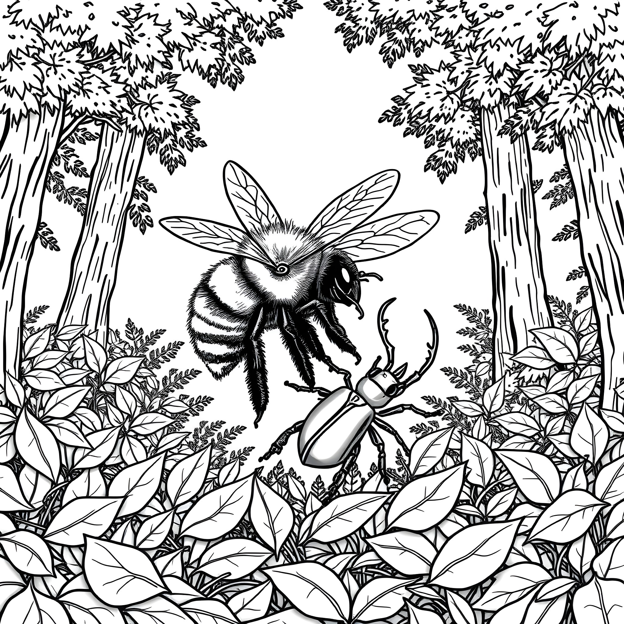 Bumblebee exploring the lush forest foliage Coloring Page (free black-and-white line drawing printable PDF for all, from beginners to advanced learners, including children, teens, adults, and seniors)