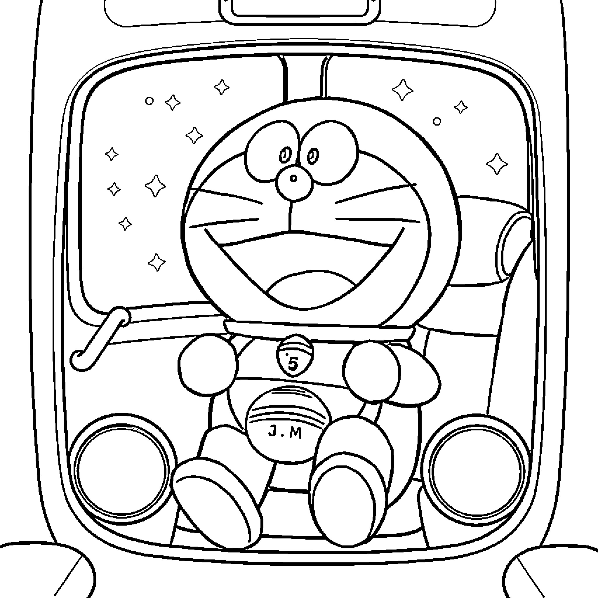 Doraemon relaxing in his robotic carrier Coloring Page (free black-and-white line drawing printable PDF for all, from beginners to advanced learners, including children, teens, adults, and seniors)