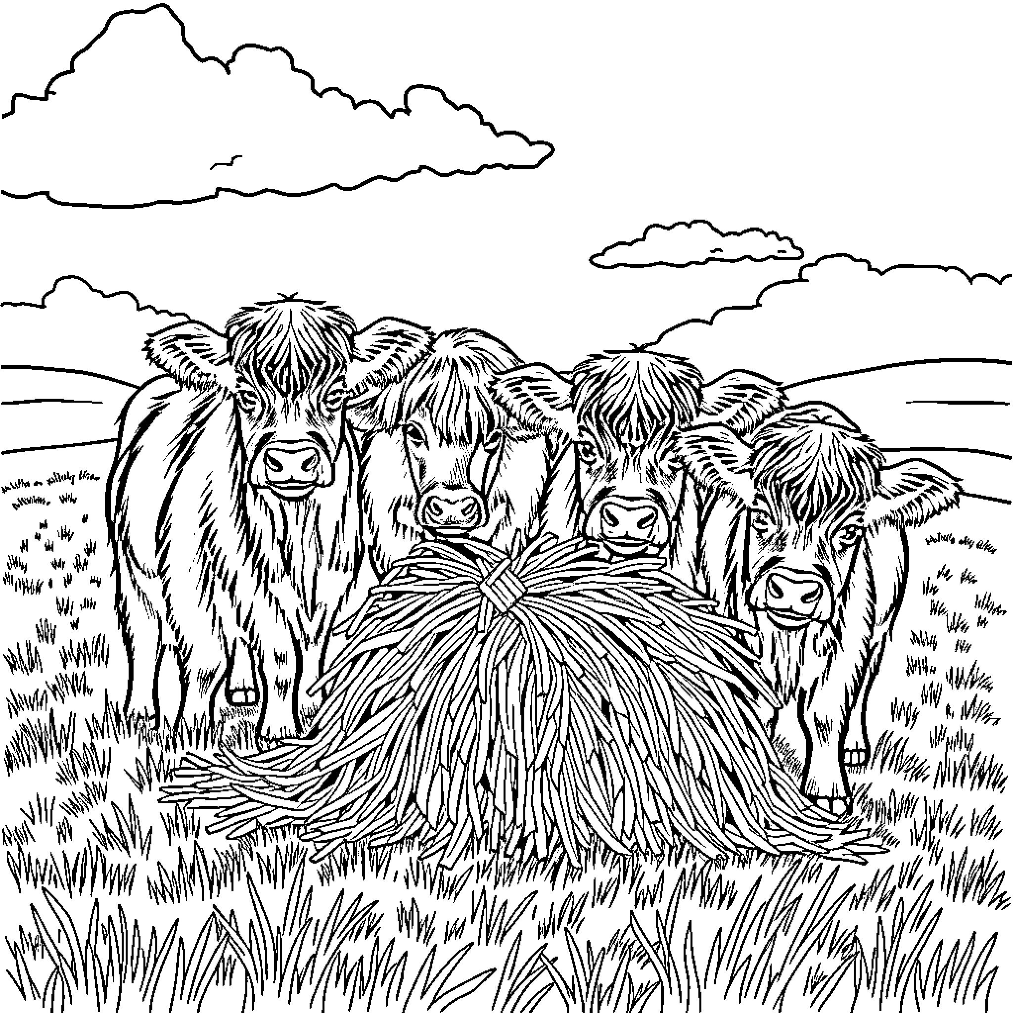 Highland Cows grazing peacefully in the countryside Coloring Page (free black-and-white line drawing printable PDF for all, from beginners to advanced learners, including children, teens, adults, and seniors)