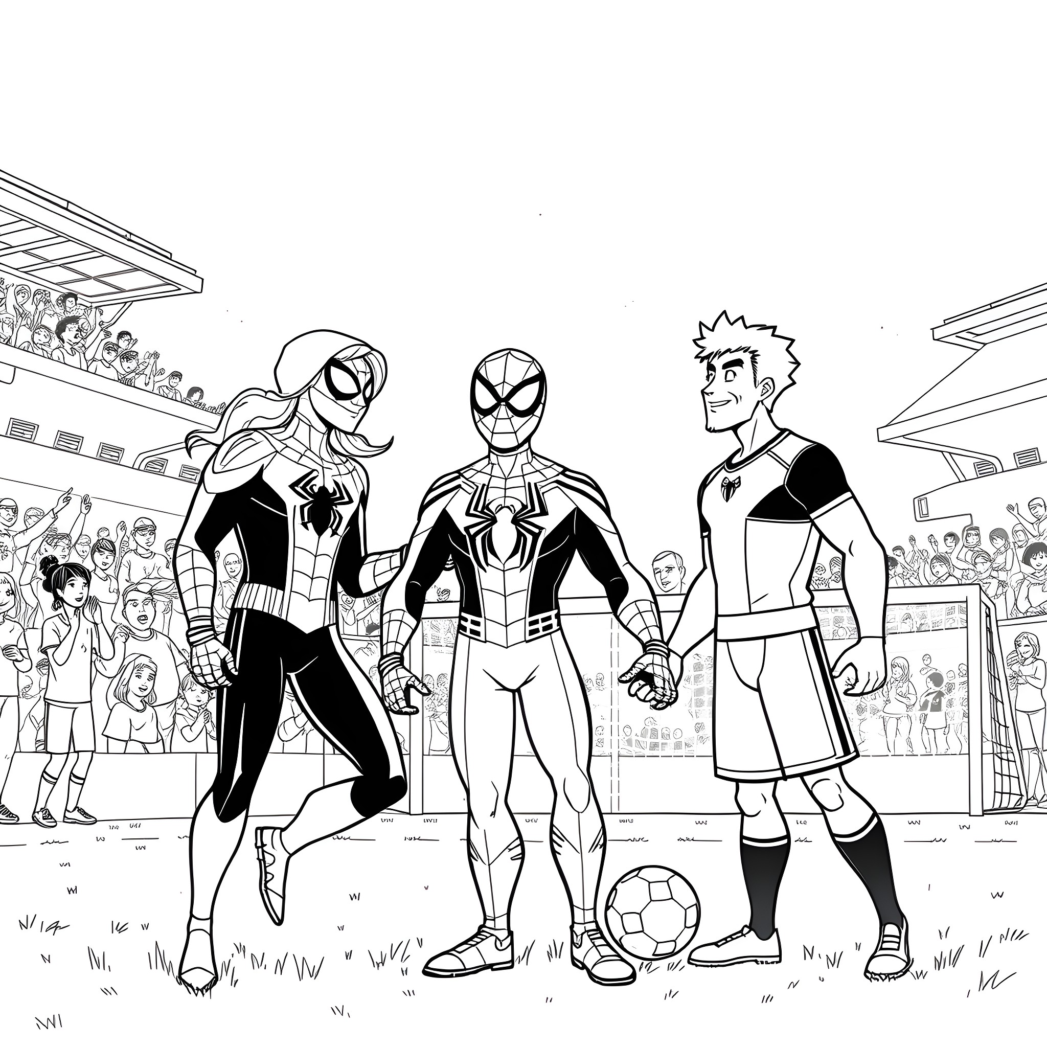Spiderman and friends enjoy a friendly soccer match Coloring Page (free black-and-white line drawing printable PDF for all, from beginners to advanced learners, including children, teens, adults, and seniors)