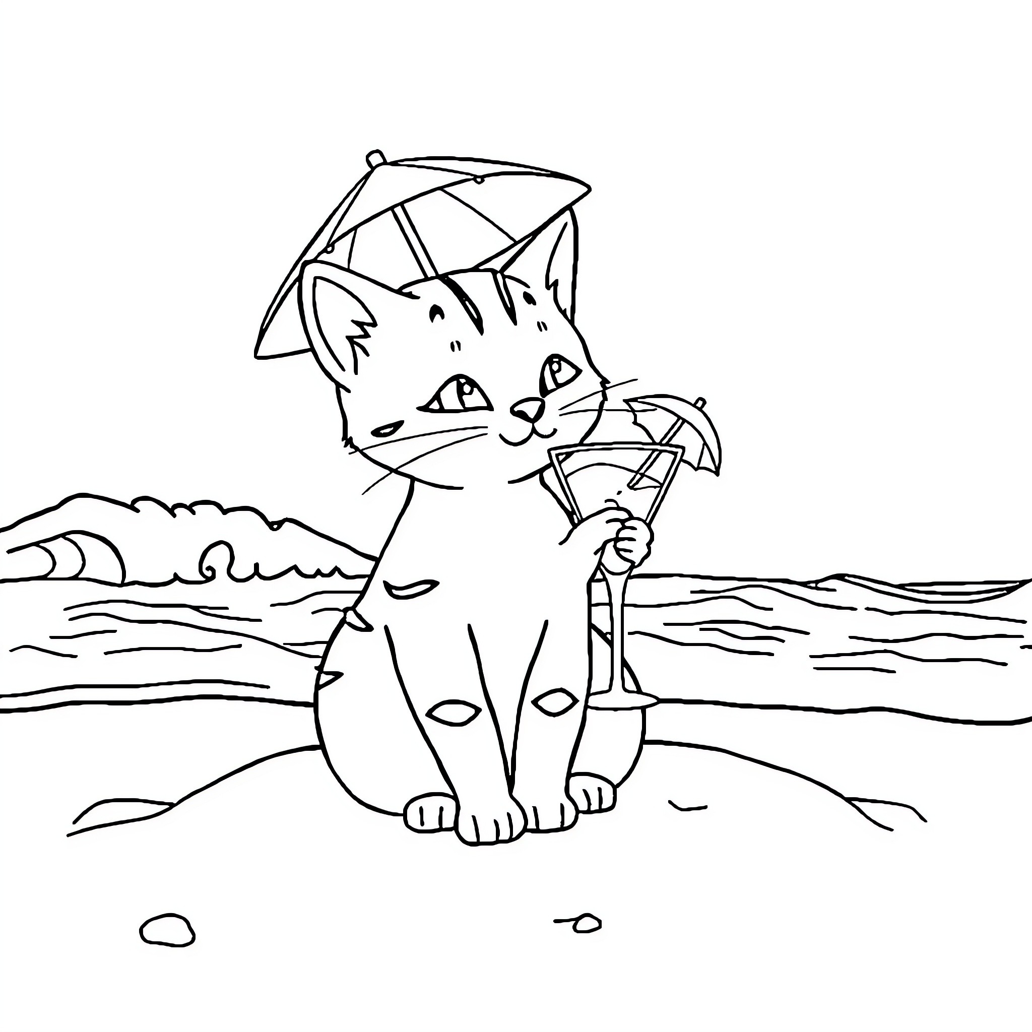 Cat enjoying a day at the beach Coloring Page (free black-and-white line drawing printable PDF for all, from beginners to advanced learners, including children, teens, adults, and seniors)