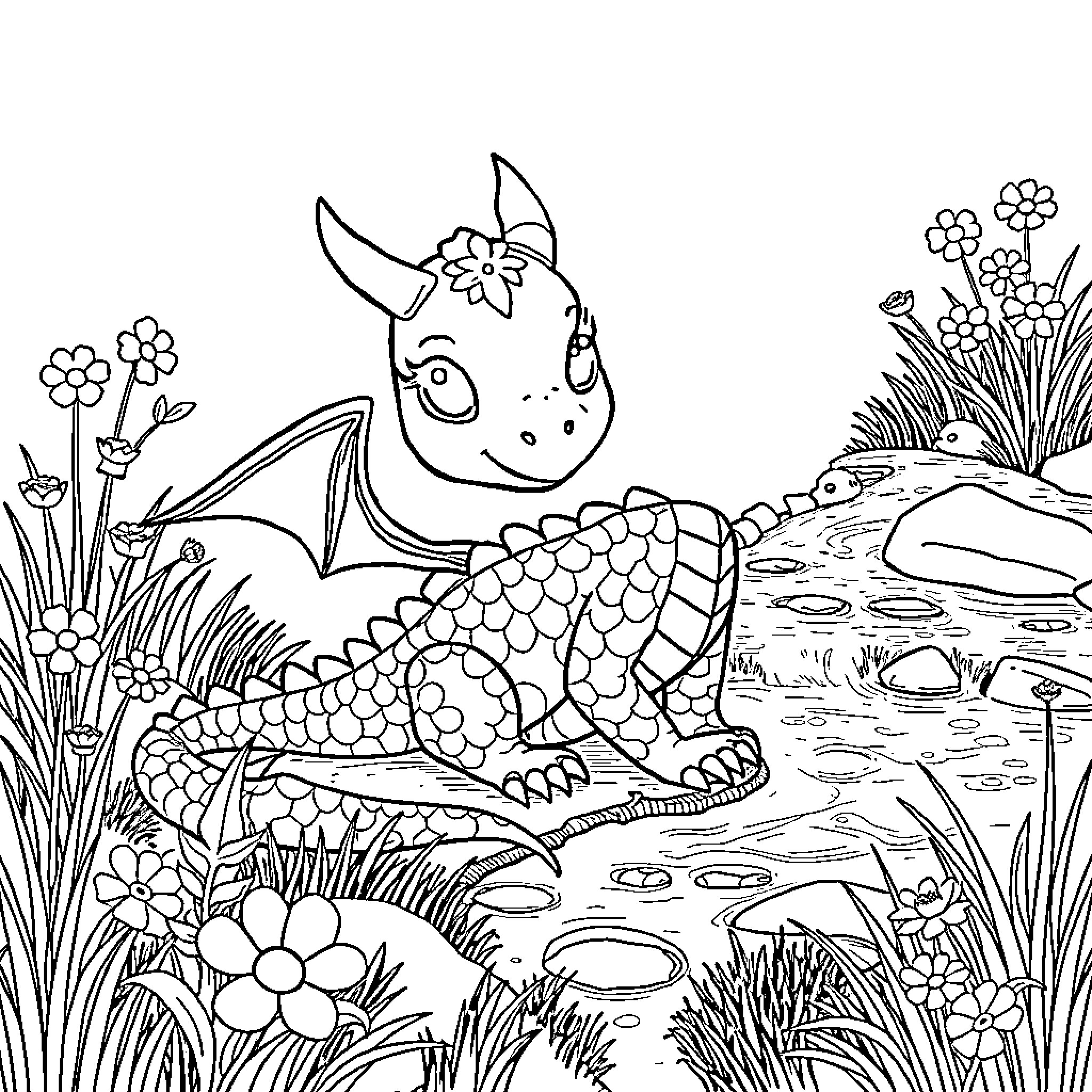 Dragon-like creature exploring a whimsical garden Coloring Page (free black-and-white line drawing printable PDF for all, from beginners to advanced learners, including children, teens, adults, and seniors)
