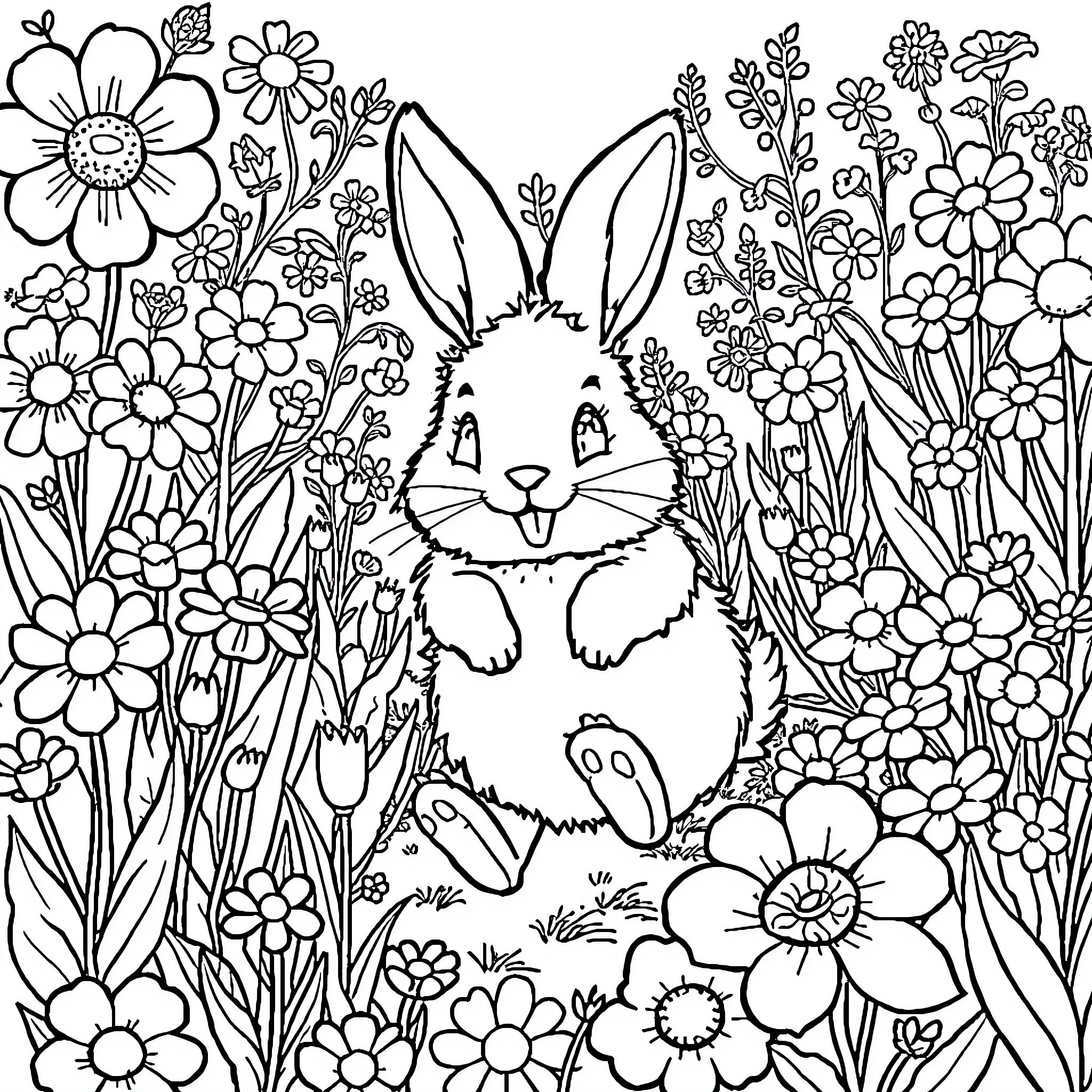 Bunny hiding in a flower garden Coloring Page (free black-and-white line drawing printable PDF for all, from beginners to advanced learners, including children, teens, adults, and seniors)