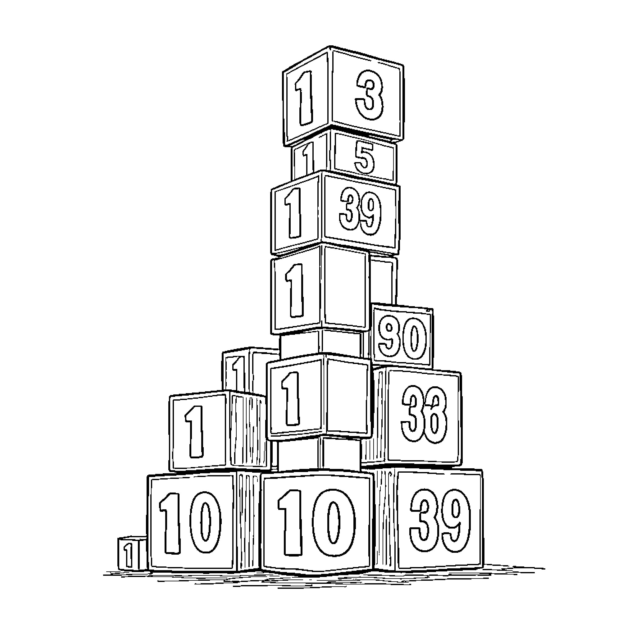 Numberblock tower building adventure Coloring Page (free black-and-white line drawing printable PDF for all, from beginners to advanced learners, including children, teens, adults, and seniors)