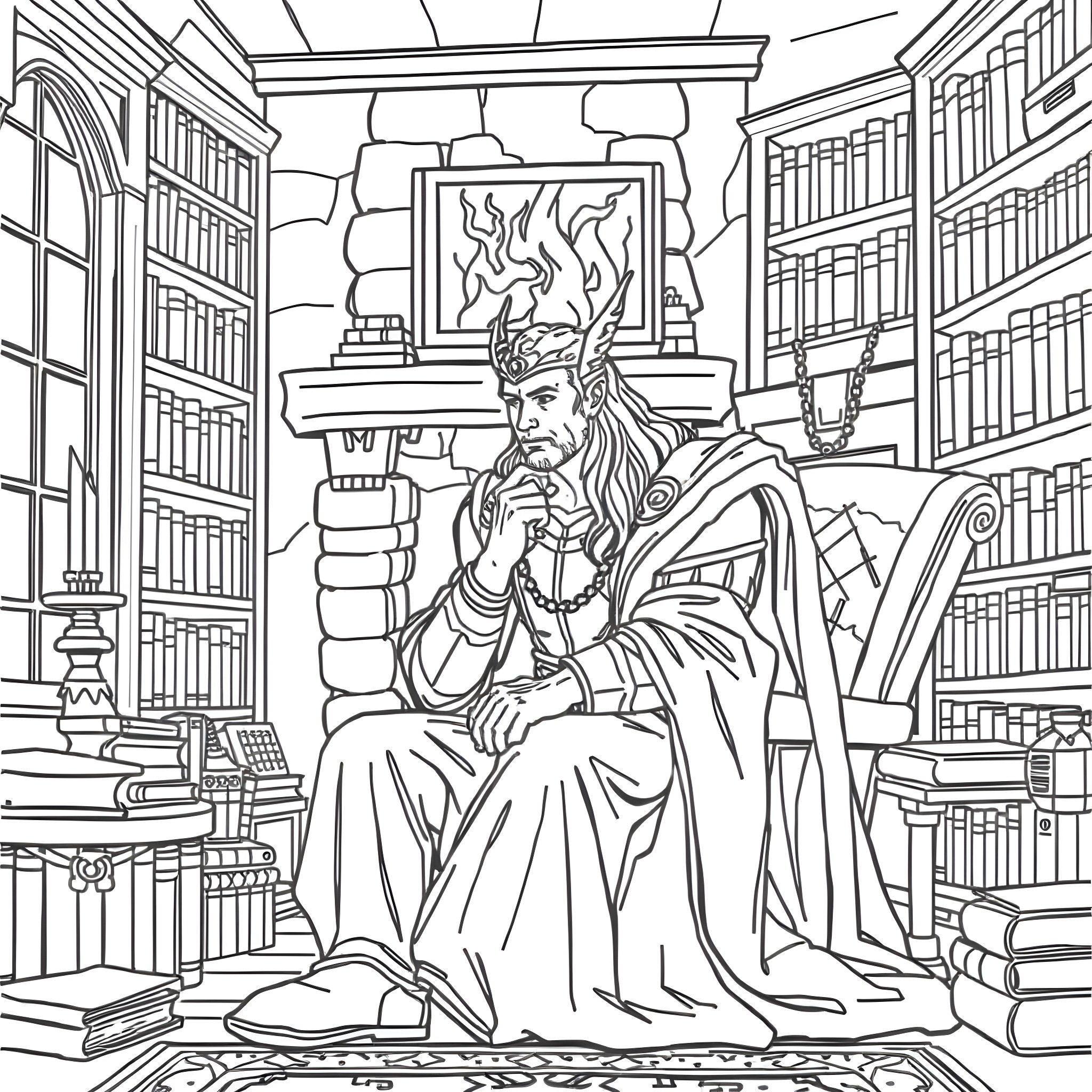 Thor contemplating ancient knowledge in library Coloring Page (free black-and-white line drawing printable PDF for all, from beginners to advanced learners, including children, teens, adults, and seniors)