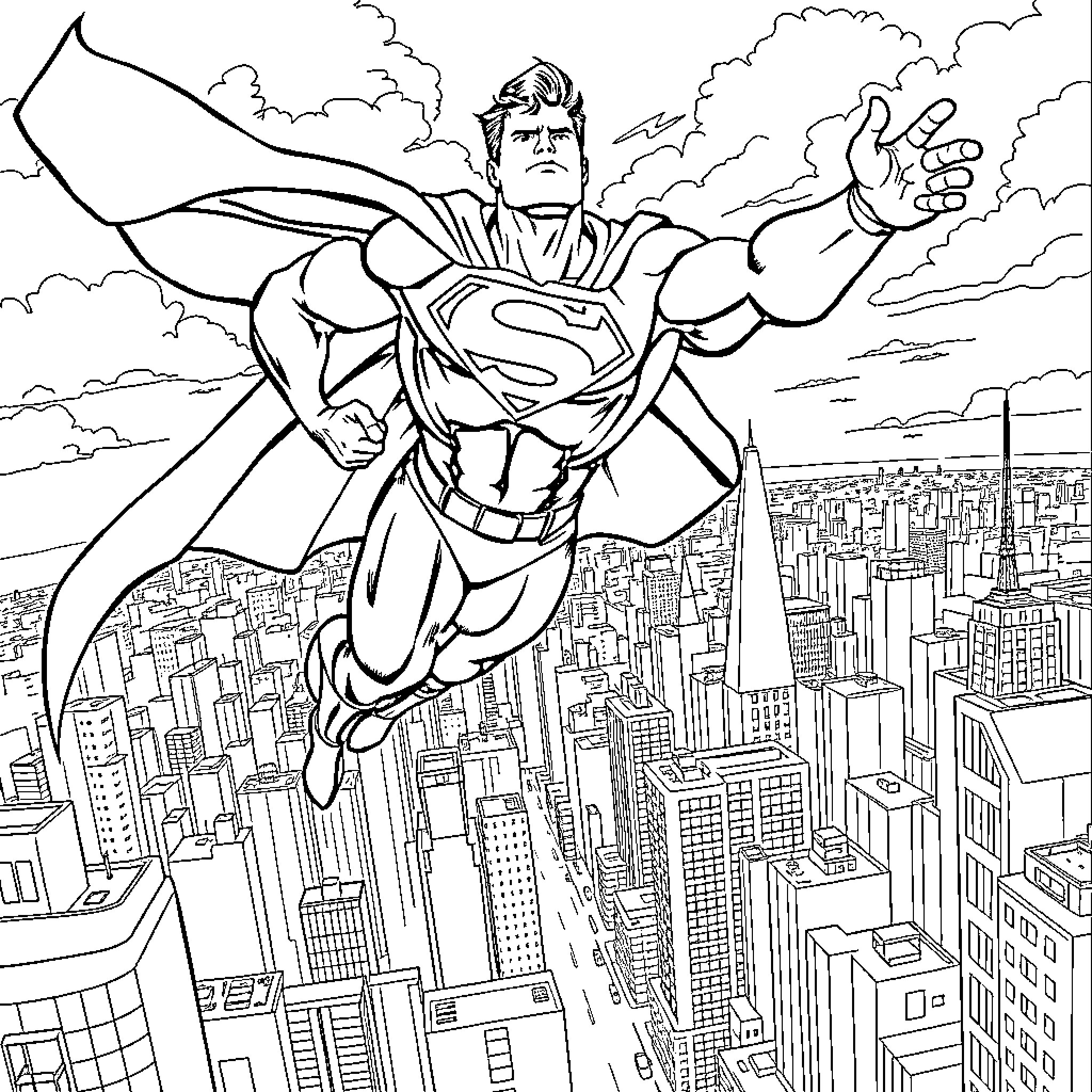 Superman soaring over the city skyline Coloring Page (free black-and-white line drawing printable PDF for all, from beginners to advanced learners, including children, teens, adults, and seniors)