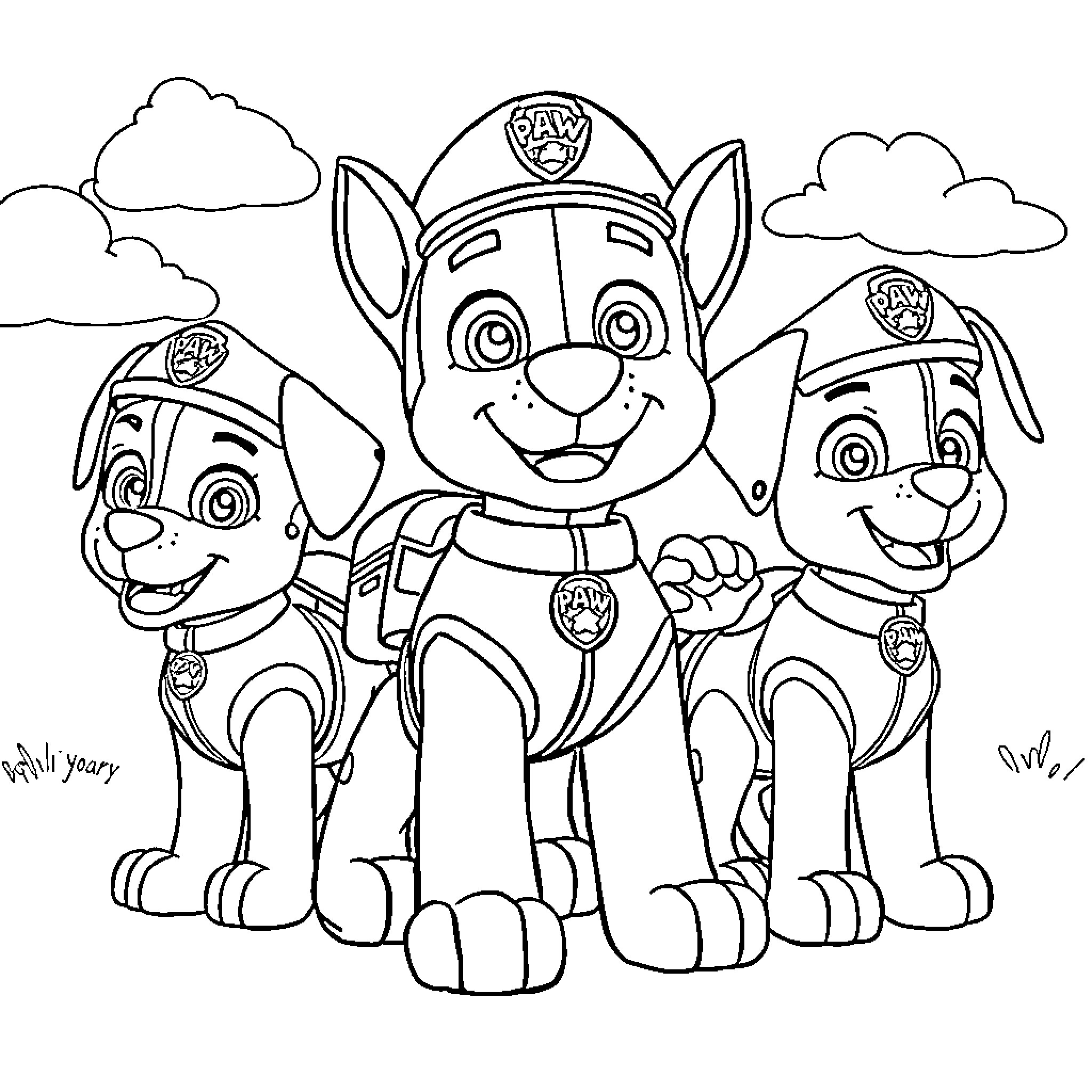 Paw Patrol characters in action poses Coloring Page (free black-and-white line drawing printable PDF for all, from beginners to advanced learners, including children, teens, adults, and seniors)