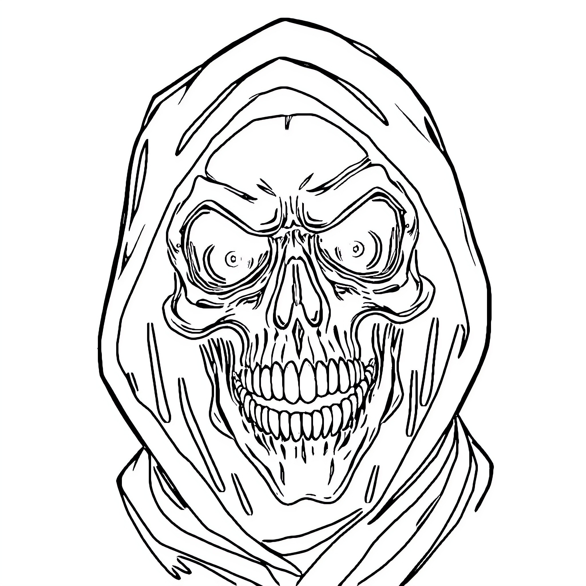 Skull with Hooded Menacing Expression Coloring Page (free black-and-white line drawing printable PDF for all, from beginners to advanced learners, including children, teens, adults, and seniors)