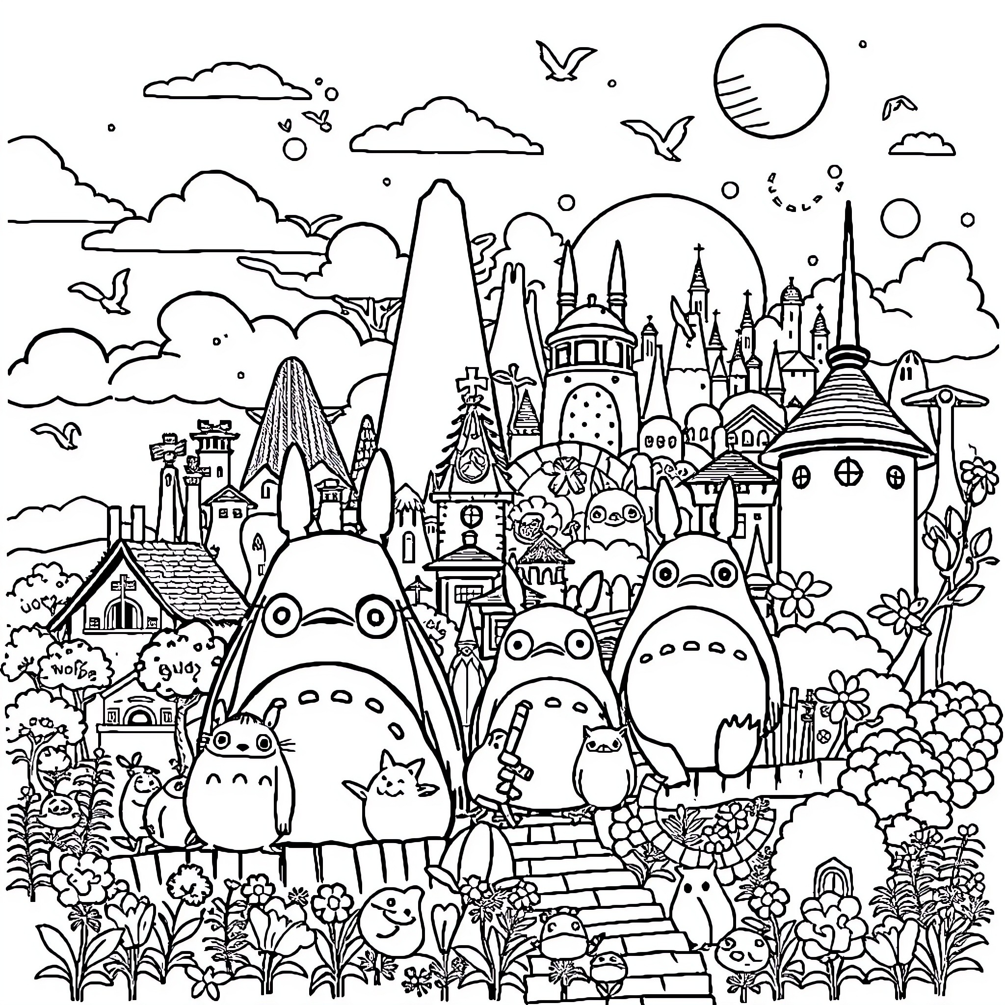 Studio Ghibli Charming Creatures in Enchanting Landscape Coloring Page (free black-and-white line drawing printable PDF for all, from beginners to advanced learners, including children, teens, adults, and seniors)