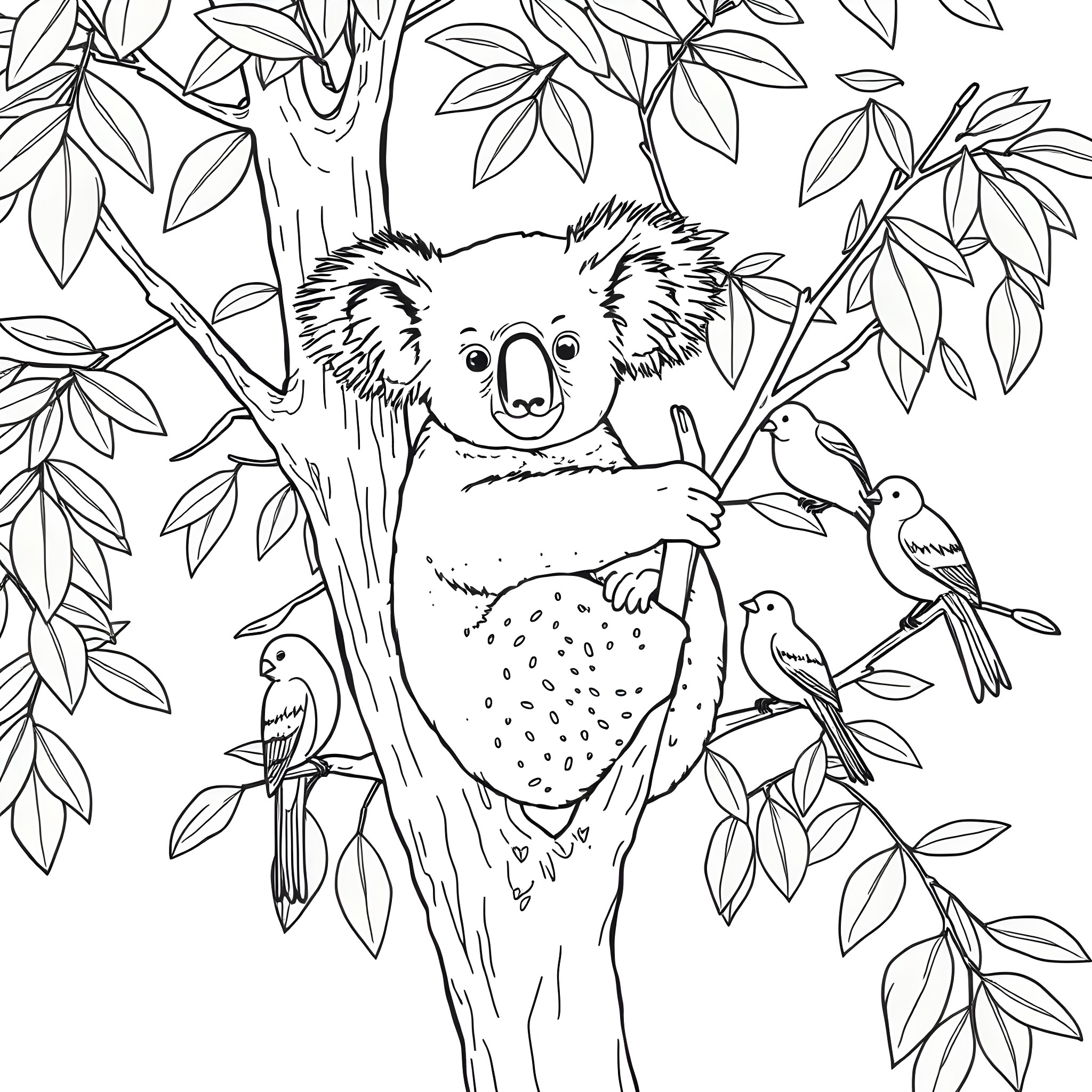 Koala relaxing in a tree with birds Coloring Page (free black-and-white line drawing printable PDF for all, from beginners to advanced learners, including children, teens, adults, and seniors)