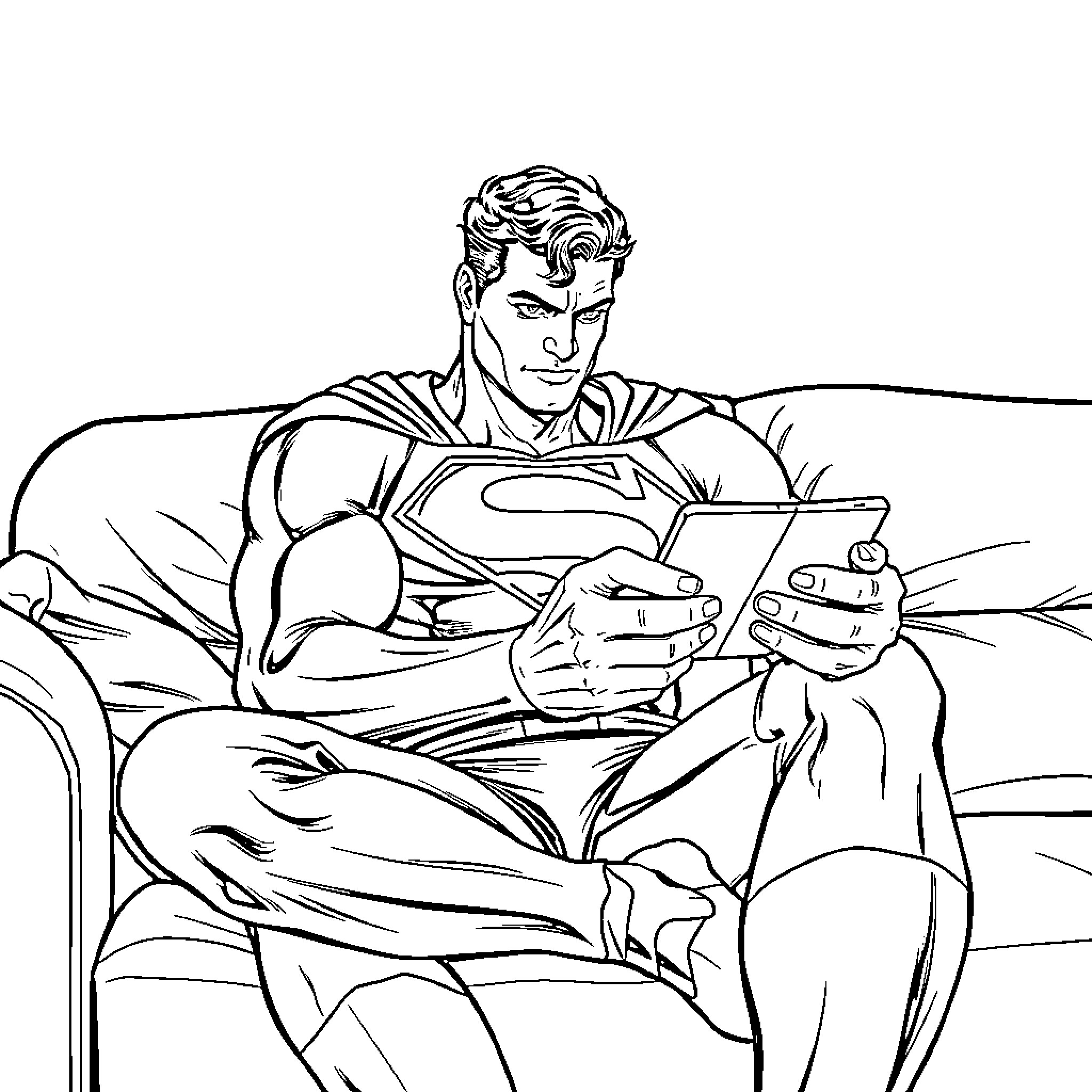 Superman relaxing with a book Coloring Page (free black-and-white line drawing printable PDF for all, from beginners to advanced learners, including children, teens, adults, and seniors)