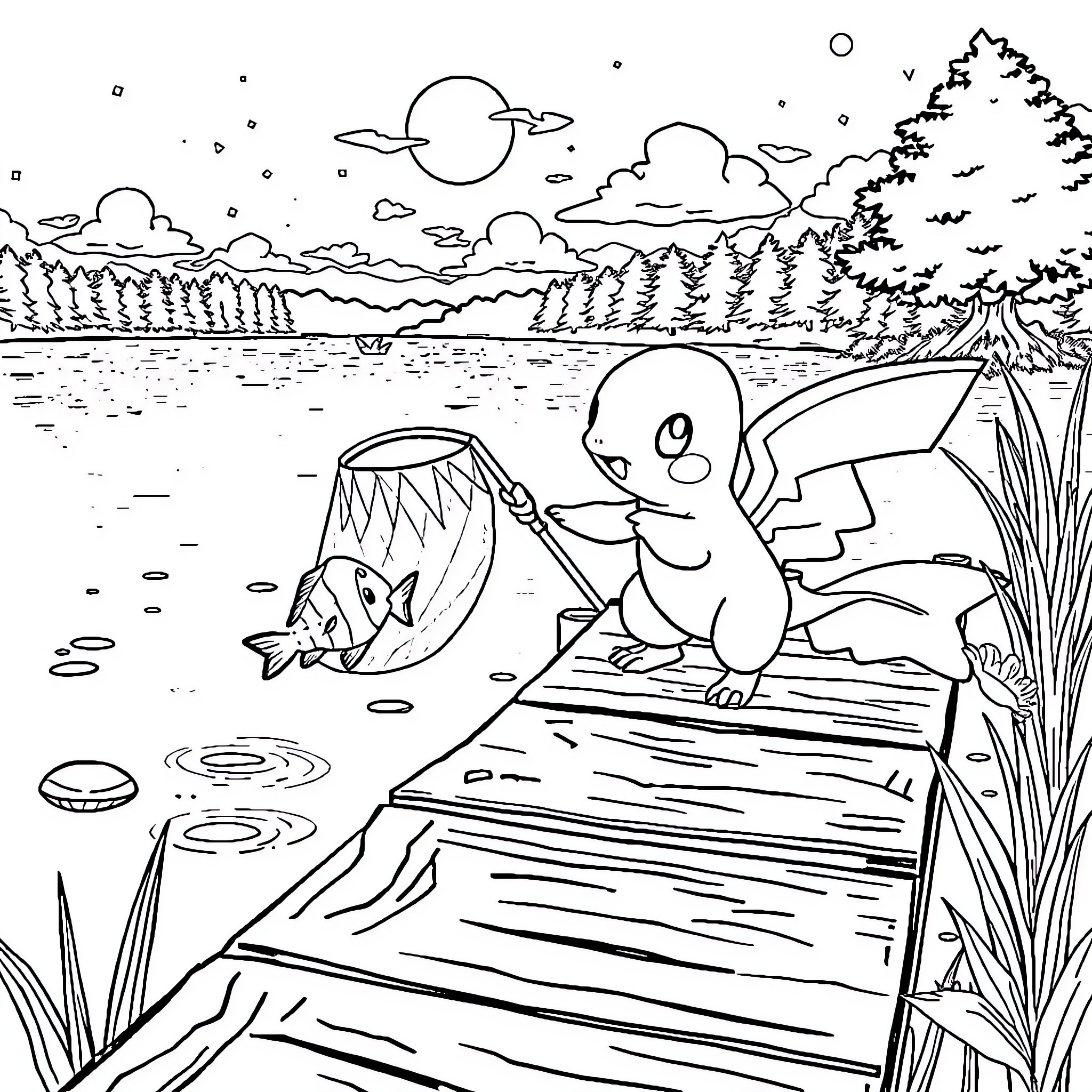 Pokémon enjoying nature by the lake Coloring Page (free black-and-white line drawing printable PDF for all, from beginners to advanced learners, including children, teens, adults, and seniors)