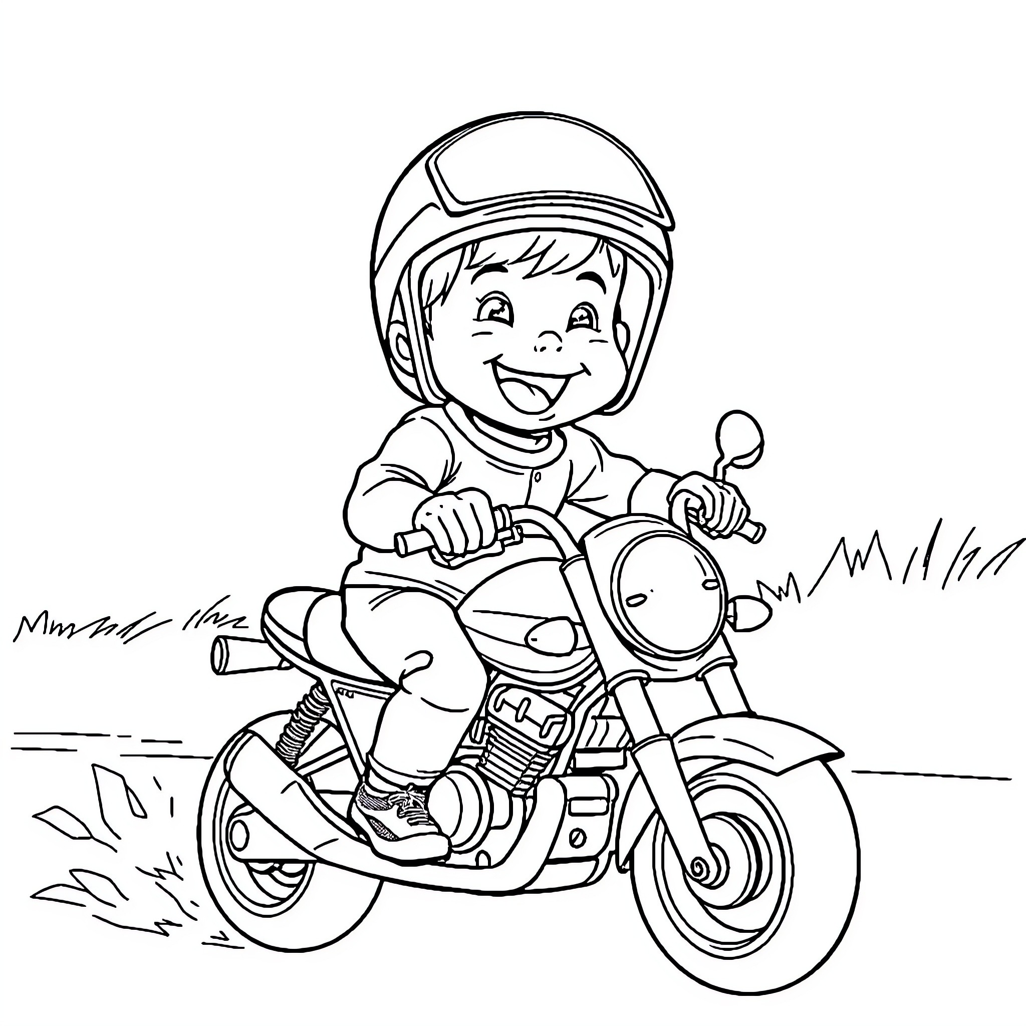 Boy rides motorcycle happily on the road Coloring Page (free black-and-white line drawing printable PDF for all, from beginners to advanced learners, including children, teens, adults, and seniors)