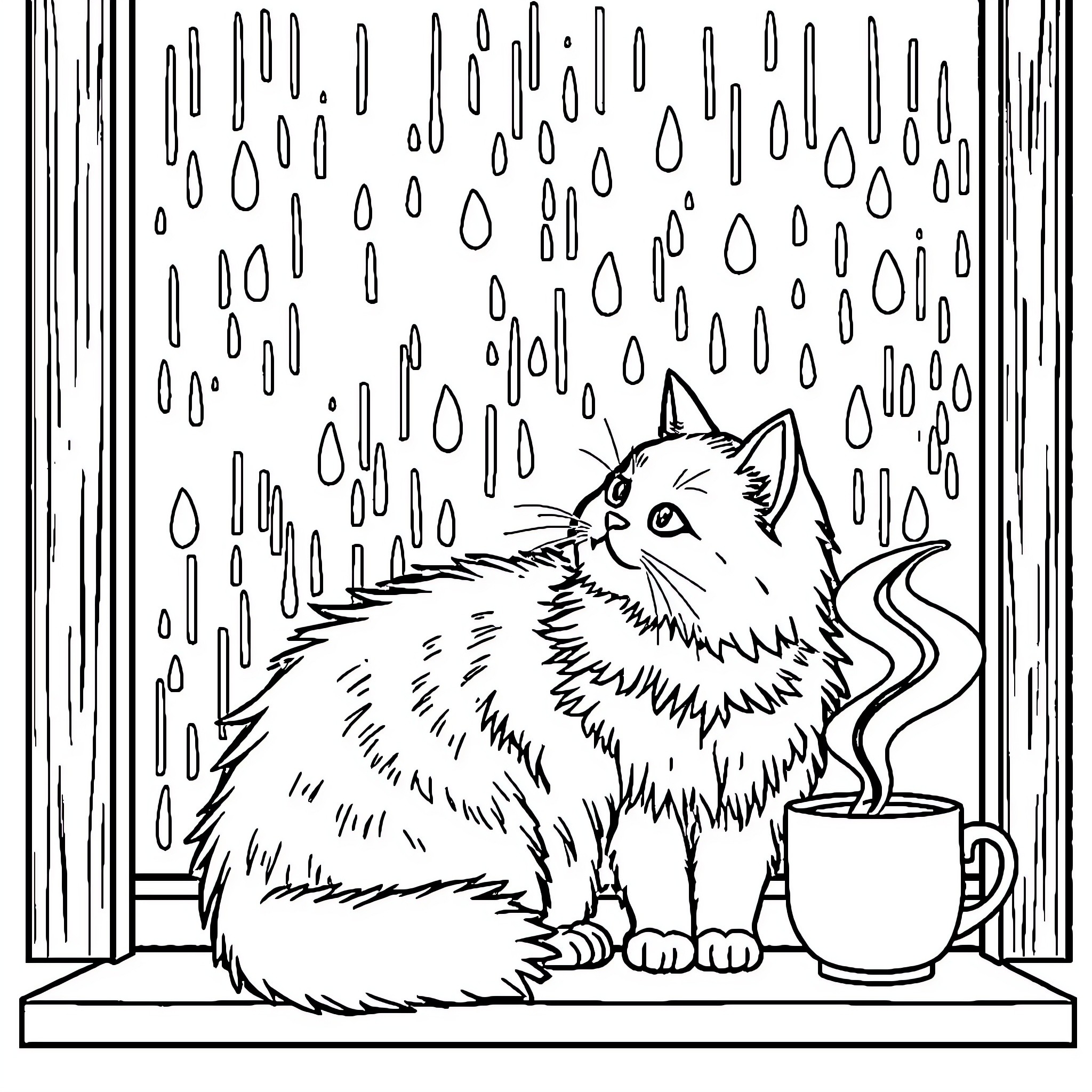 Cat enjoying a cozy rainy day indoors Coloring Page (free black-and-white line drawing printable PDF for all, from beginners to advanced learners, including children, teens, adults, and seniors)