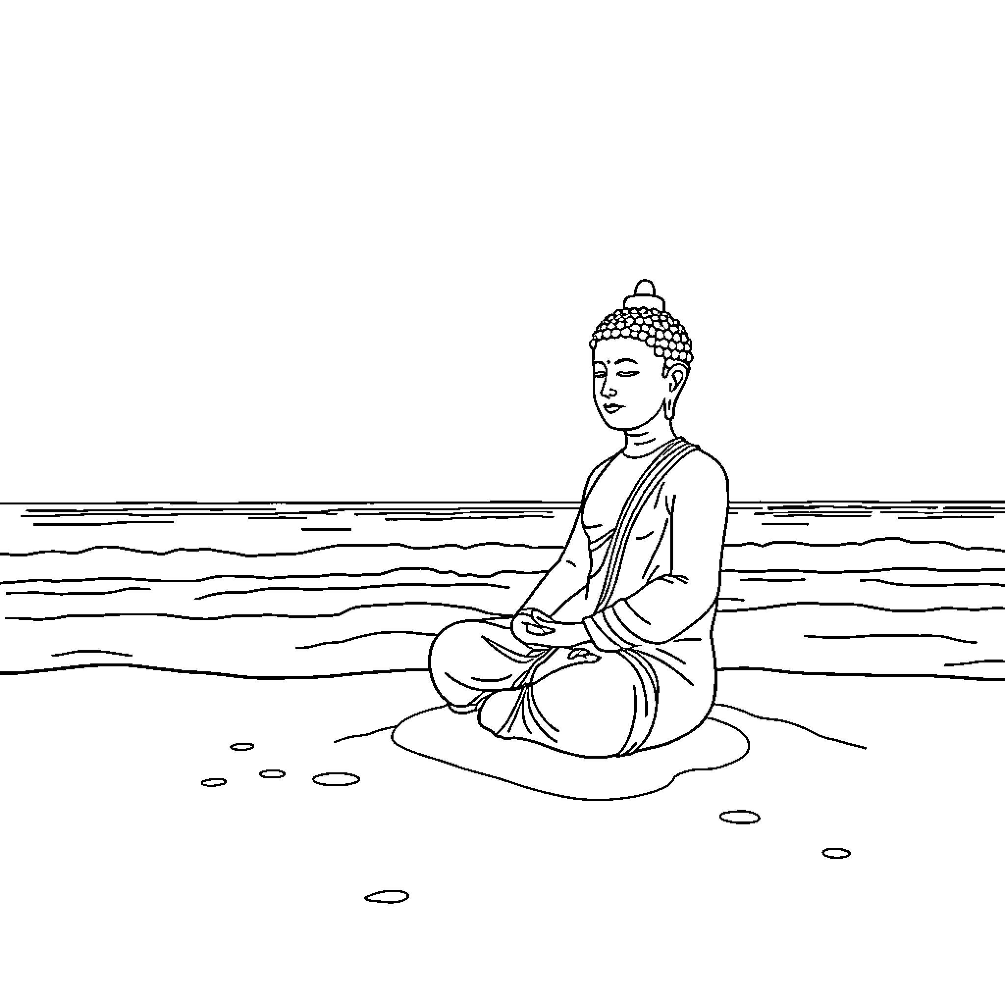 Buddha in meditation by the serene waters Coloring Page (free black-and-white line drawing printable PDF for all, from beginners to advanced learners, including children, teens, adults, and seniors)