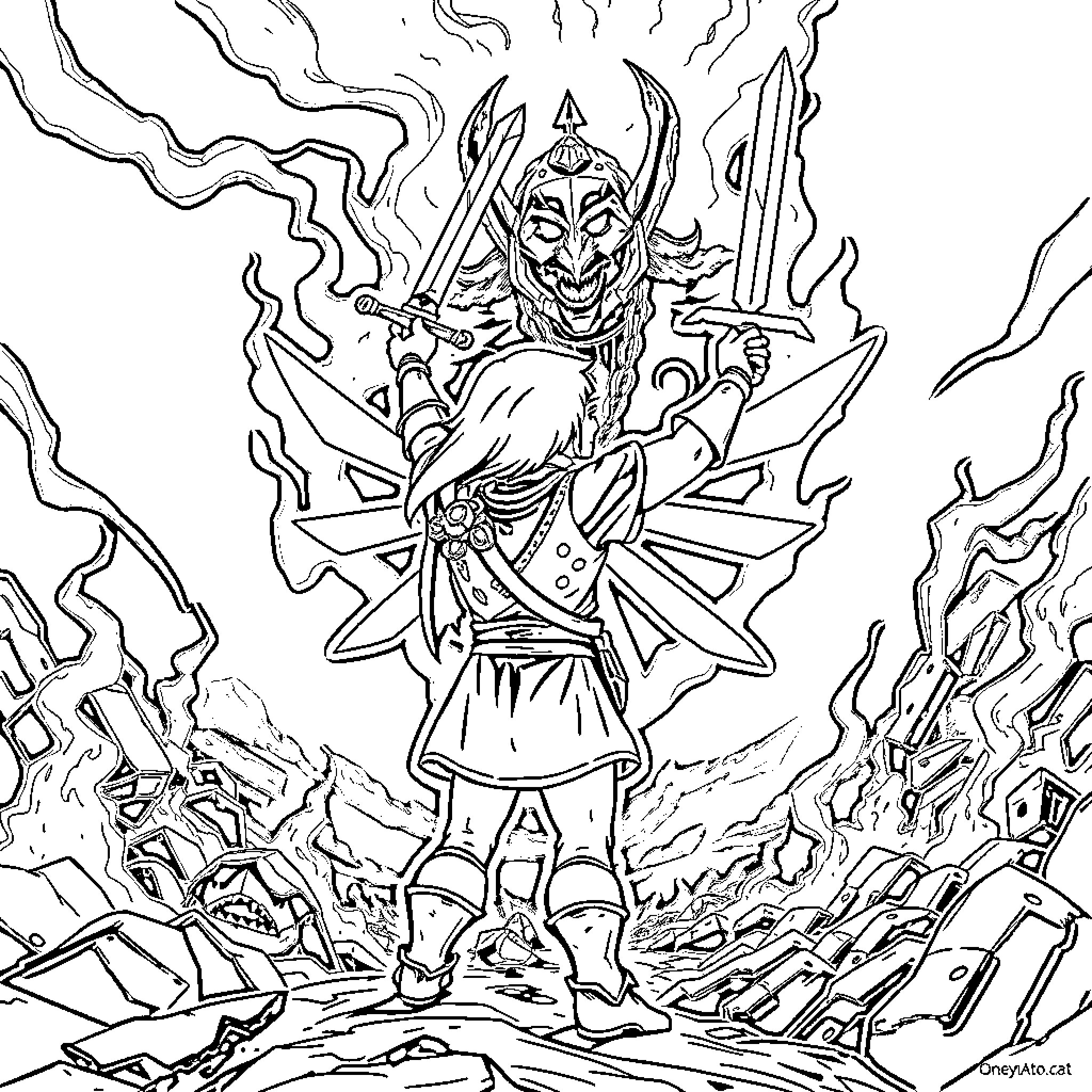 Link's Heroic Stand Amidst the Ruins Coloring Page (free black-and-white line drawing printable PDF for all, from beginners to advanced learners, including children, teens, adults, and seniors)