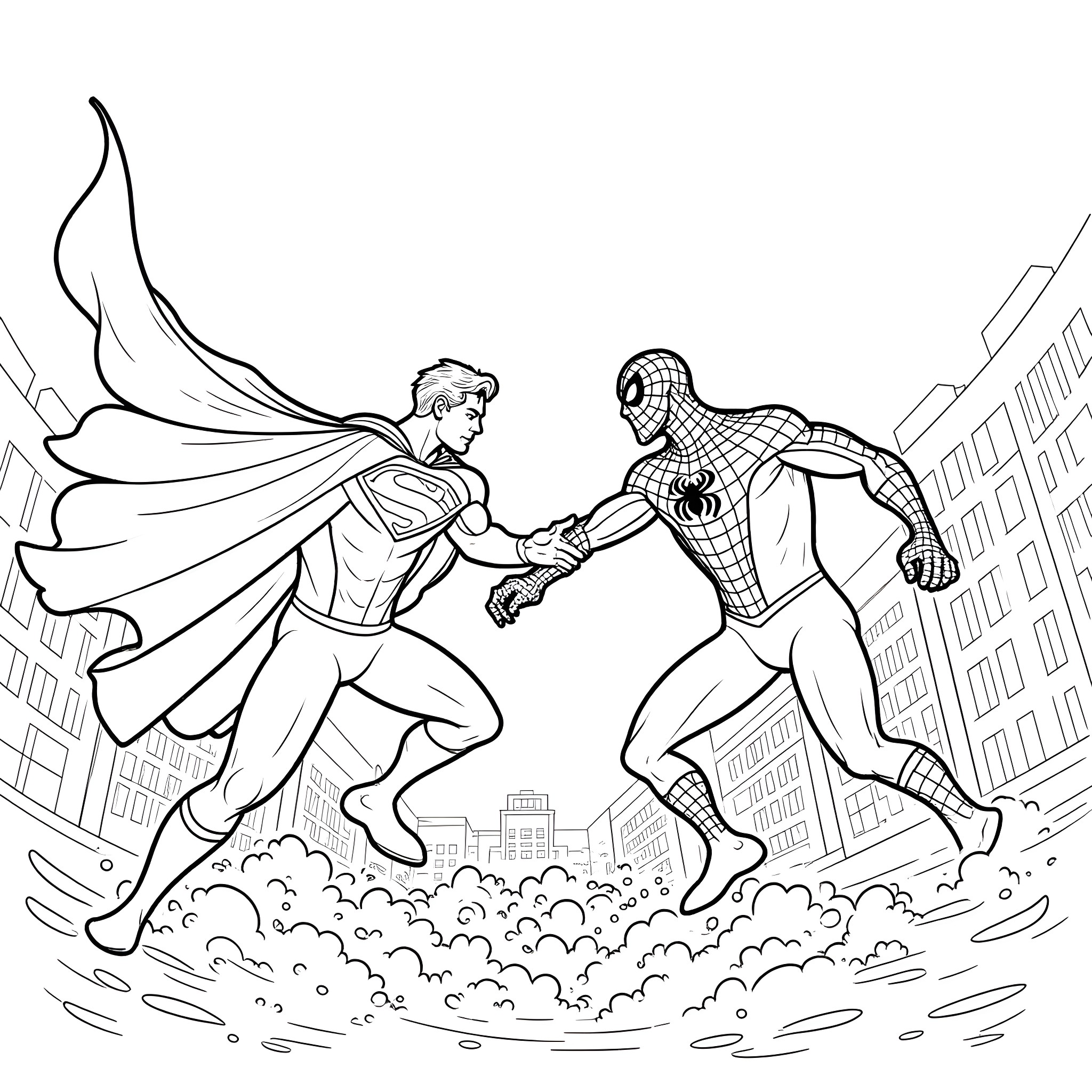 Superhero Showdown in the City Coloring Page (free black-and-white line drawing printable PDF for all, from beginners to advanced learners, including children, teens, adults, and seniors)