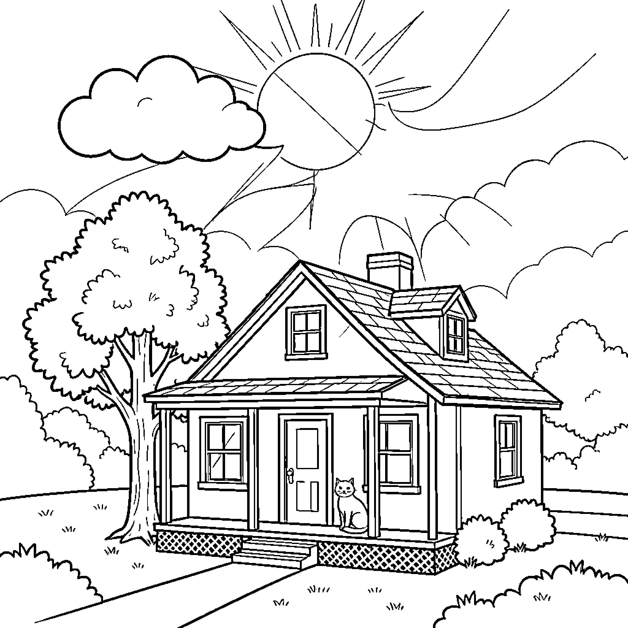 House sitting peacefully under a bright sunny sky Coloring Page (free black-and-white line drawing printable PDF for all, from beginners to advanced learners, including children, teens, adults, and seniors)