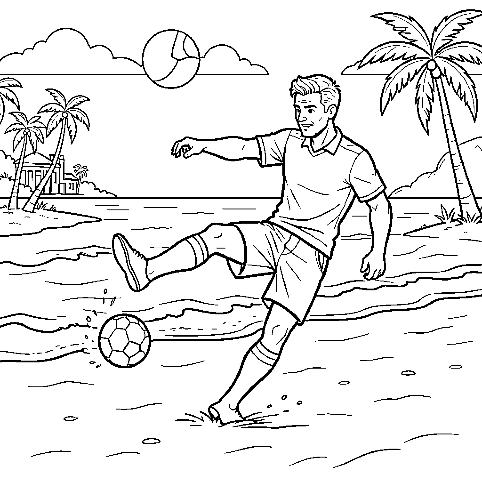 Barman playing soccer on a tropical beach Coloring Page (free black-and-white line drawing printable PDF for all, from beginners to advanced learners, including children, teens, adults, and seniors)