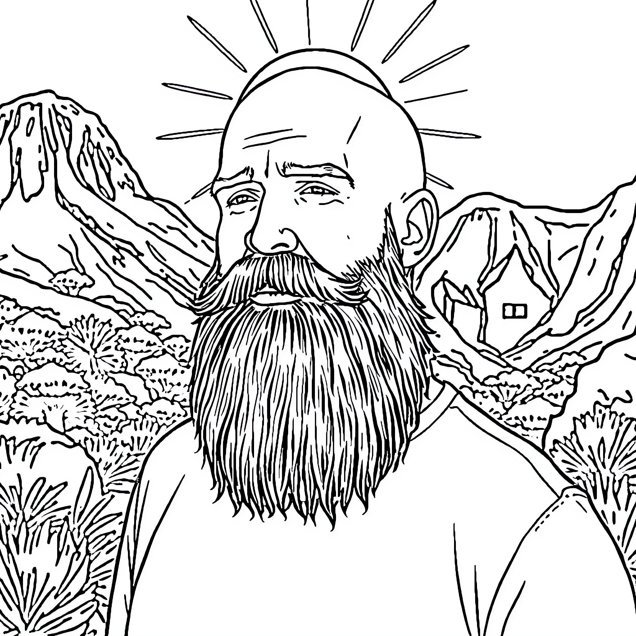 Man with Thick Beard in Mountainous Landscape Coloring Page (free black-and-white line drawing printable PDF for all, from beginners to advanced learners, including children, teens, adults, and seniors)