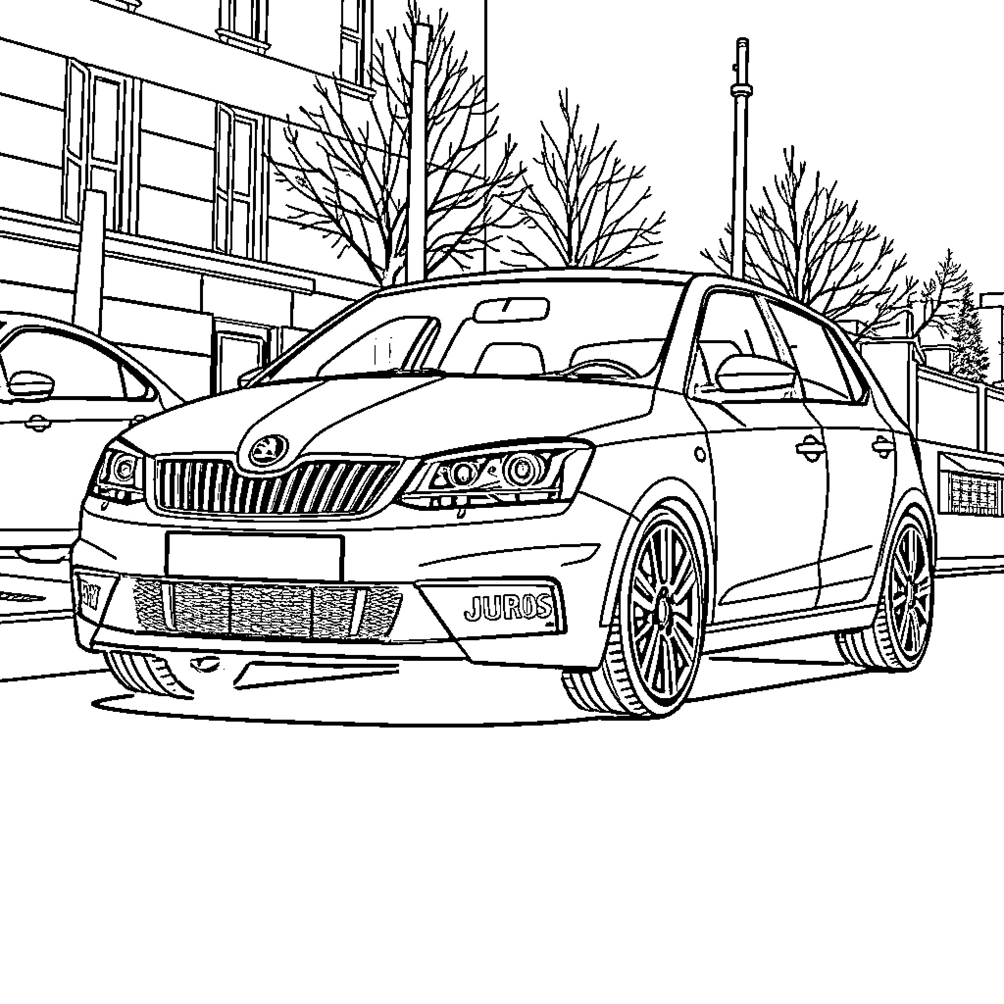 Skoda Fabia in urban setting with trees Coloring Page (free black-and-white line drawing printable PDF for all, from beginners to advanced learners, including children, teens, adults, and seniors)