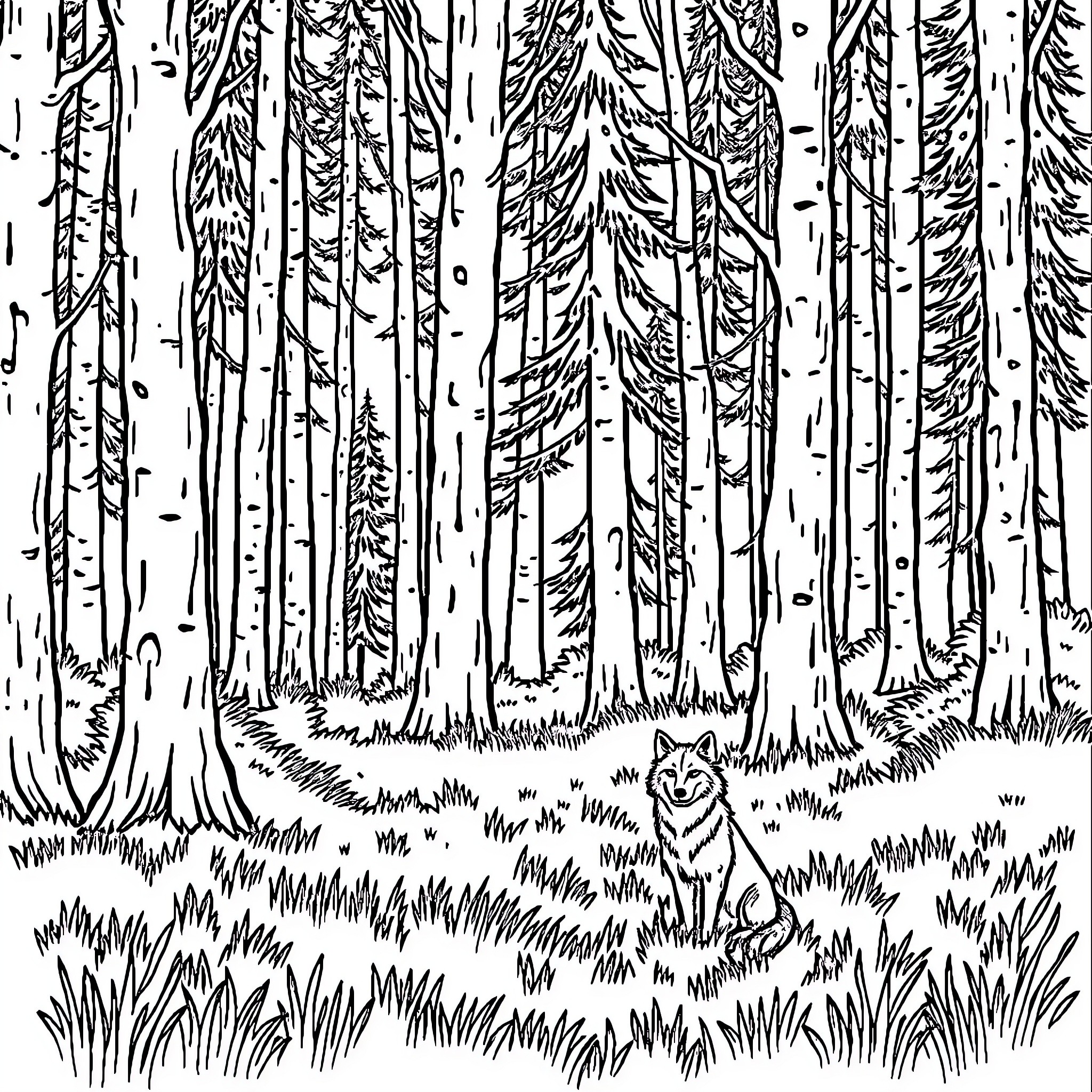Wolf in a Serene Forest Landscape Coloring Page (free black-and-white line drawing printable PDF for all, from beginners to advanced learners, including children, teens, adults, and seniors)
