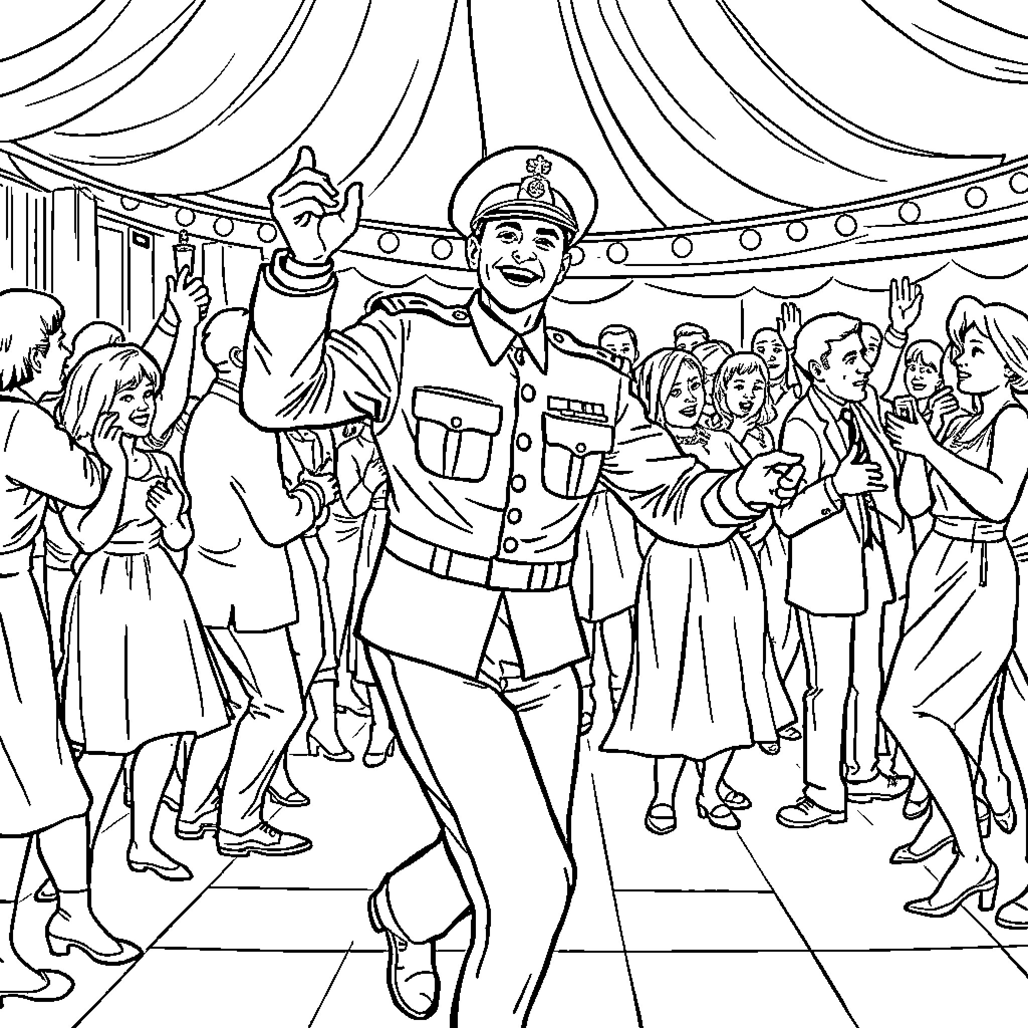 Soldier leading lively parade in festive setting Coloring Page (free black-and-white line drawing printable PDF for all, from beginners to advanced learners, including children, teens, adults, and seniors)