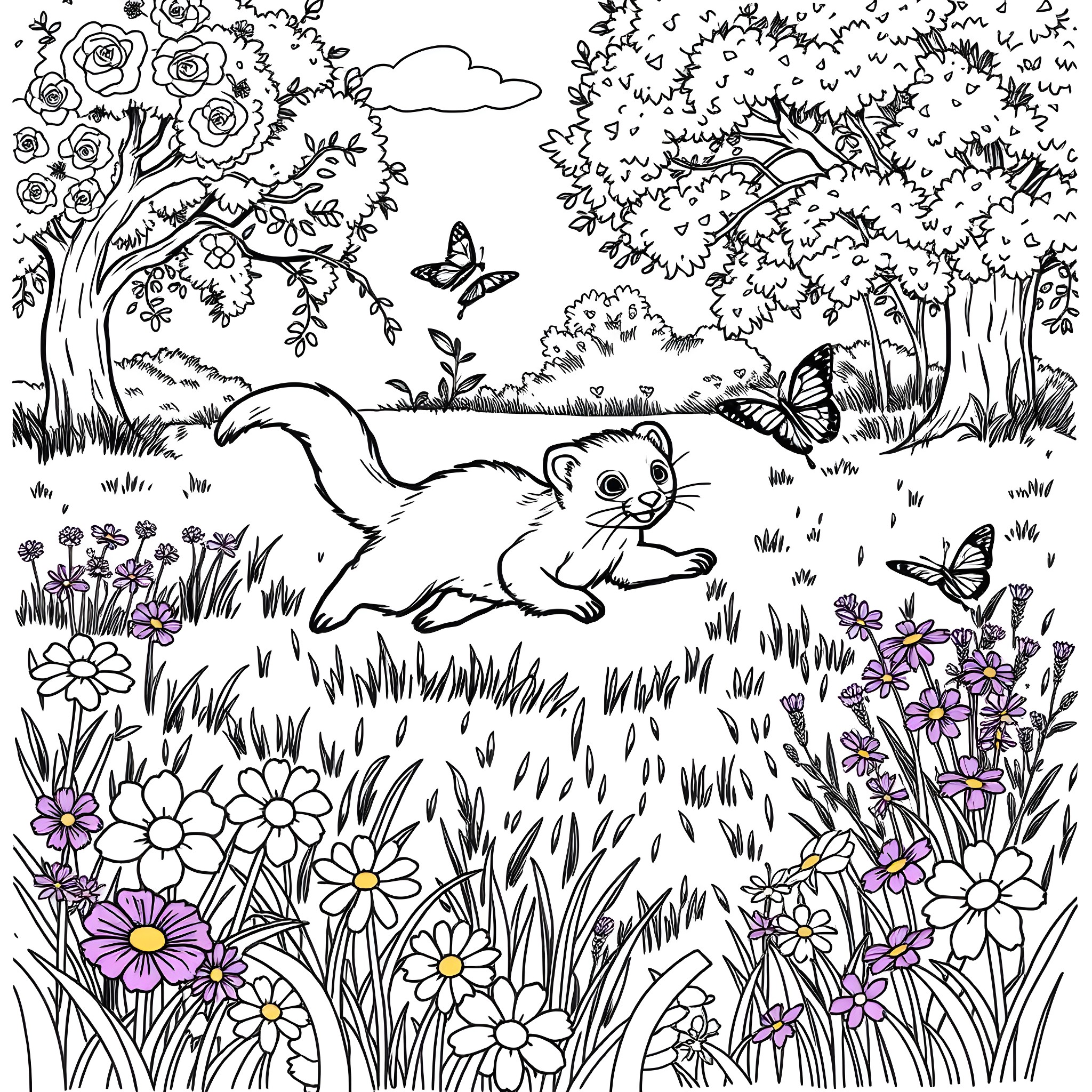 Ferret Frolicking in a Floral Wonderland Coloring Page (free black-and-white line drawing printable PDF for all, from beginners to advanced learners, including children, teens, adults, and seniors)
