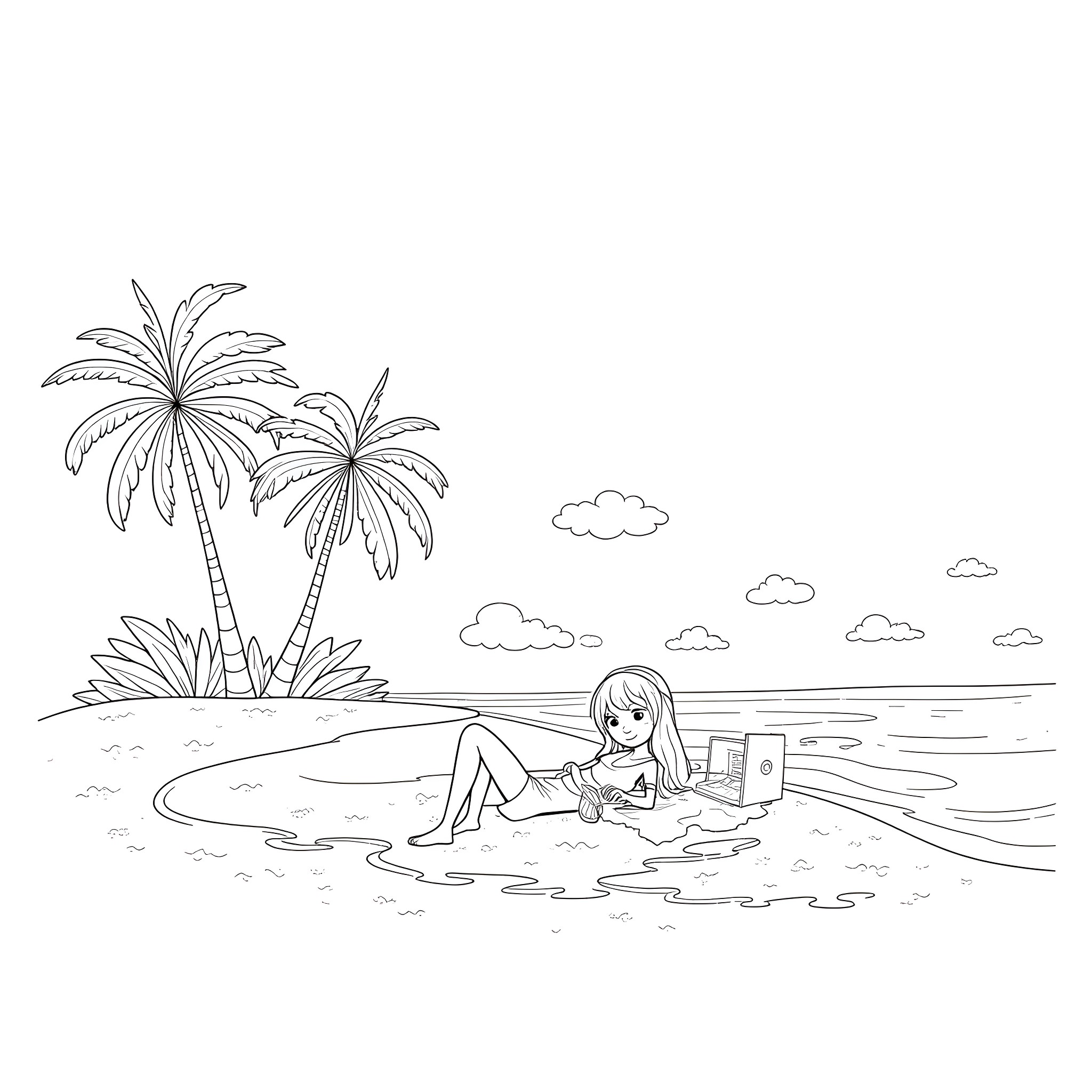 Sister relaxing on the beach with book Coloring Page (free black-and-white line drawing printable PDF for all, from beginners to advanced learners, including children, teens, adults, and seniors)